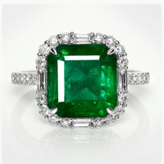 IGI 14K 4.63 Ct Natural Vivid Green Emerald&Diamonds Art Deco Engagement Ring