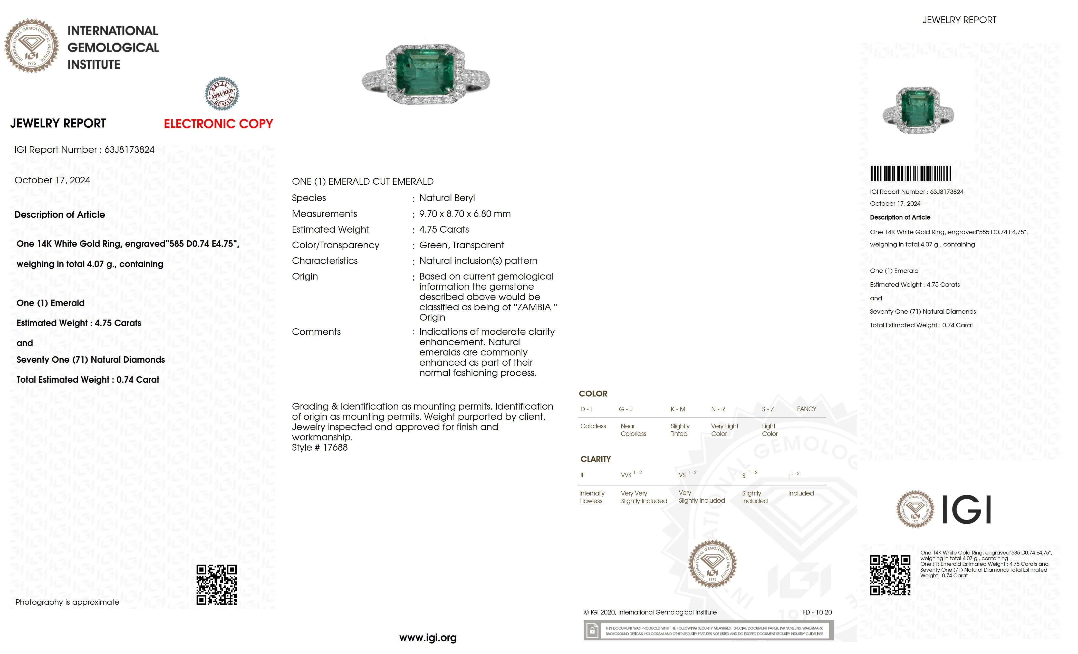 Contemporary IGI 14K 4.75 Ct Natural Emerald&Diamonds Antique Engagement Ring For Sale