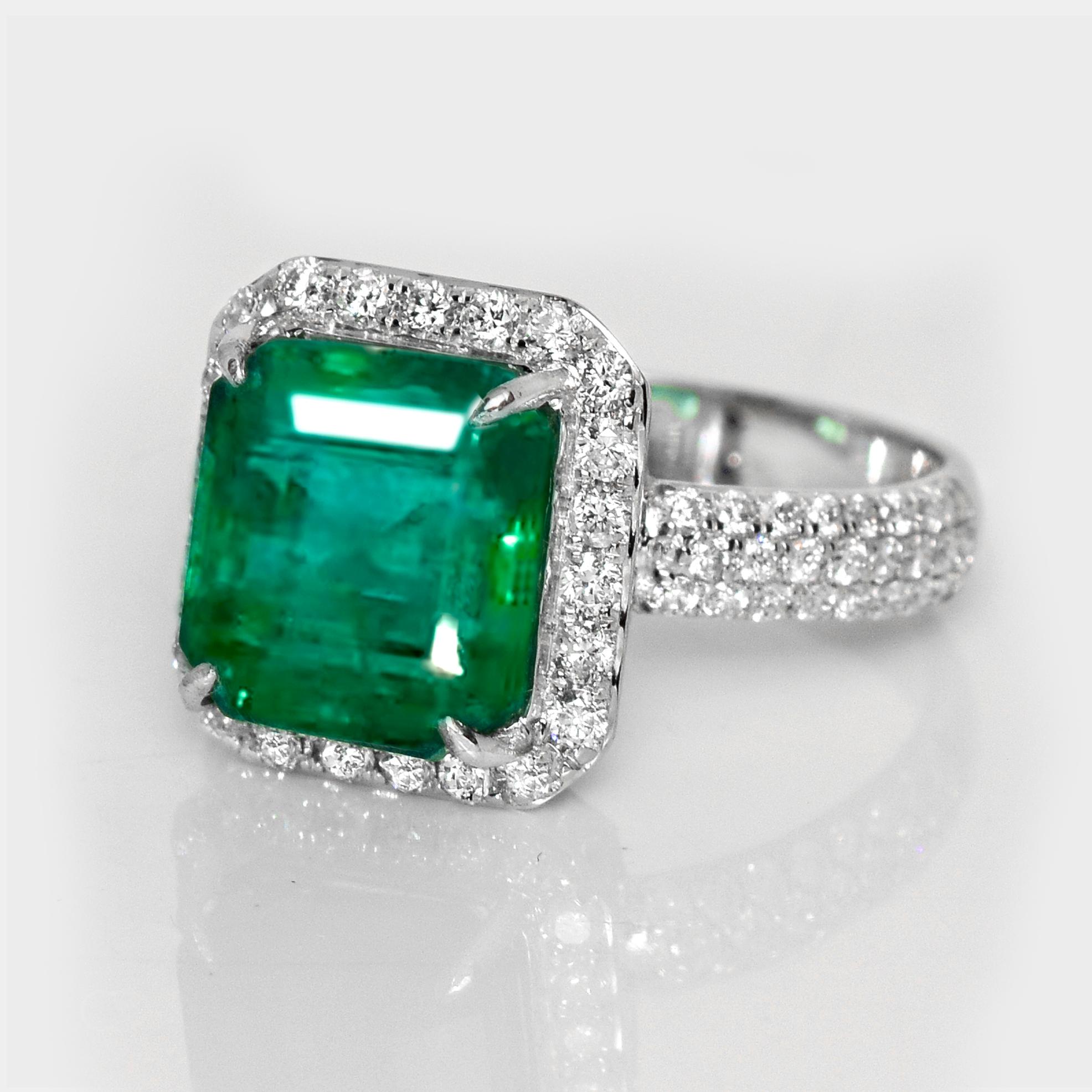 Emerald Cut IGI 14K 4.75 Ct Natural Emerald&Diamonds Antique Engagement Ring For Sale