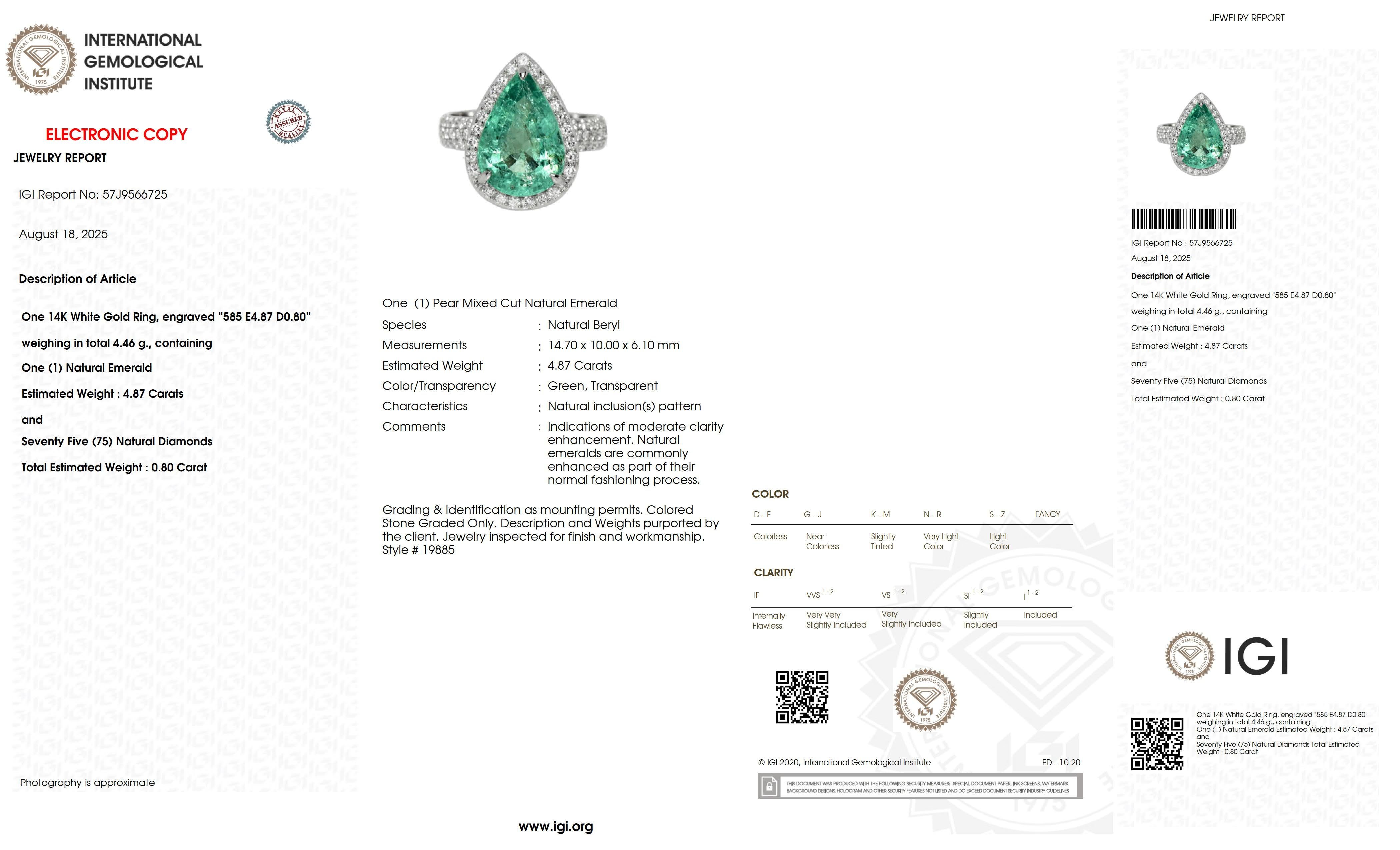 Anello di fidanzamento antico IGI 14K 4,87 Ct Colombia Color Smeraldo e diamanti in vendita 2
