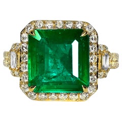 IGI 14K 5.02 Ct Natürlicher Vivid Green Emerald&Diamonds Art Deco Verlobungsring