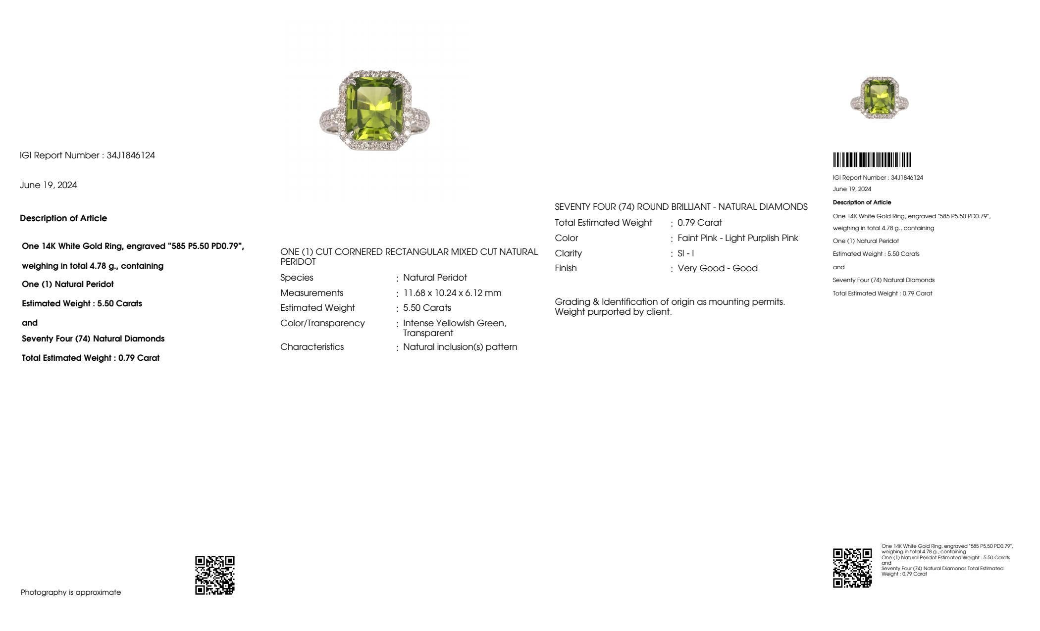 IGI 14k 5,50 Karat Top Peridot&Diamant Antiker Verlobungsring im Art-déco-Stil (Zeitgenössisch)