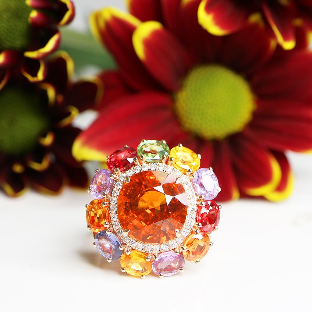 *IGI 14K 6.02 Ct Fanta Garnet&Sapphires Diamonds Antique Art Deco Style Engagement Ring *
IGI-certified intense orange 6.02 ct spessartite garnet sits on a double halo 14K pink gold band. Inner diamonds weigh 0.24 ct, and the outer halo is composed