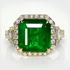 IGI 14K 6.17 Ct Natural Vivid Green Emerald&Diamonds Art Deco Engagement Ring