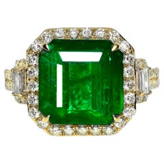IGI 14K 6.17 Ct Natural Vivid Green Emerald&Diamonds Art Deco Engagement Ring