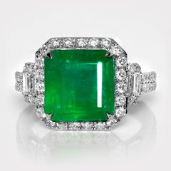 IGI 14K 6.23 Ct Natural Vivid Green Emerald&Diamonds Art Deco Engagement Ring