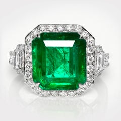 IGI 14K 6.33 Ct Natural Vivid Green Emerald&Diamonds Art Deco Engagement Ring