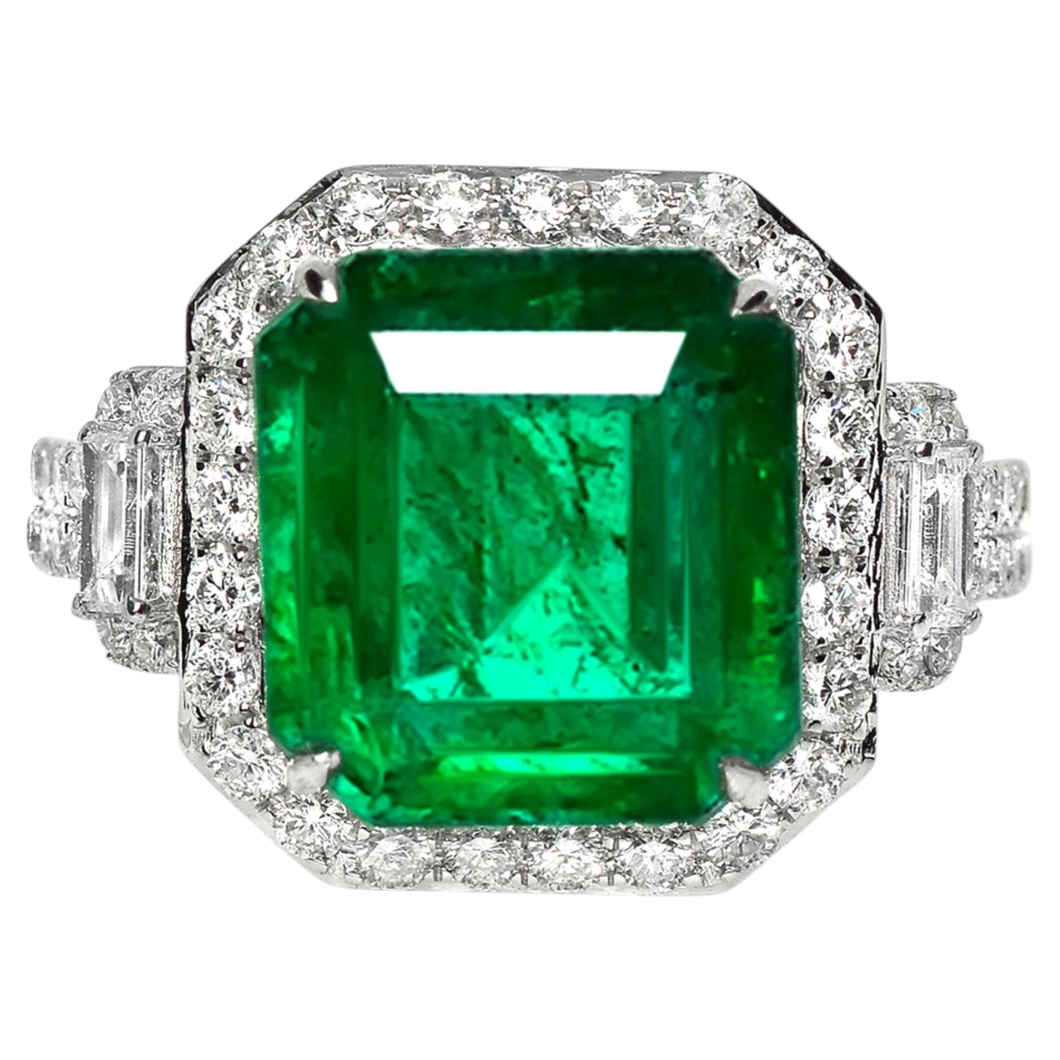 IGI 14K 6.33 Ct Natural Vivid Green Emerald&Diamonds Art Deco Engagement Ring