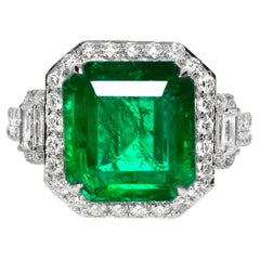 IGI 14K 6.33 Ct Natural Vivid Green Emerald&Diamonds Art Deco Engagement Ring