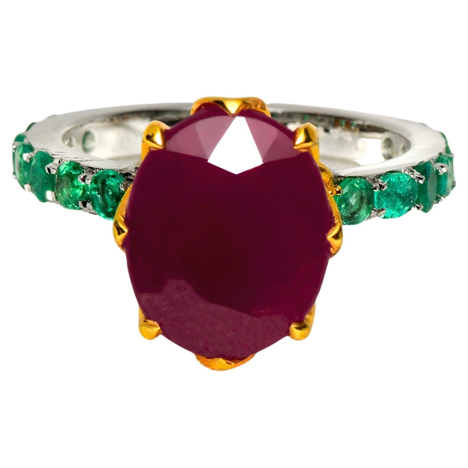 IGI 14K 6.44 Ct Natural Ruby Emeralds Antique Art Deco Style Engagement Ring