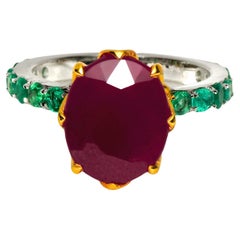 IGI 14K 6.44 Ct Natural Ruby Emeralds Antique Art Deco Style Engagement Ring