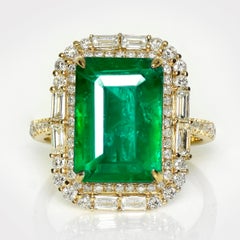 IGI 14K 6.60 Ct Natural Vivid Green Emerald&Diamonds Art Deco Engagement Ring