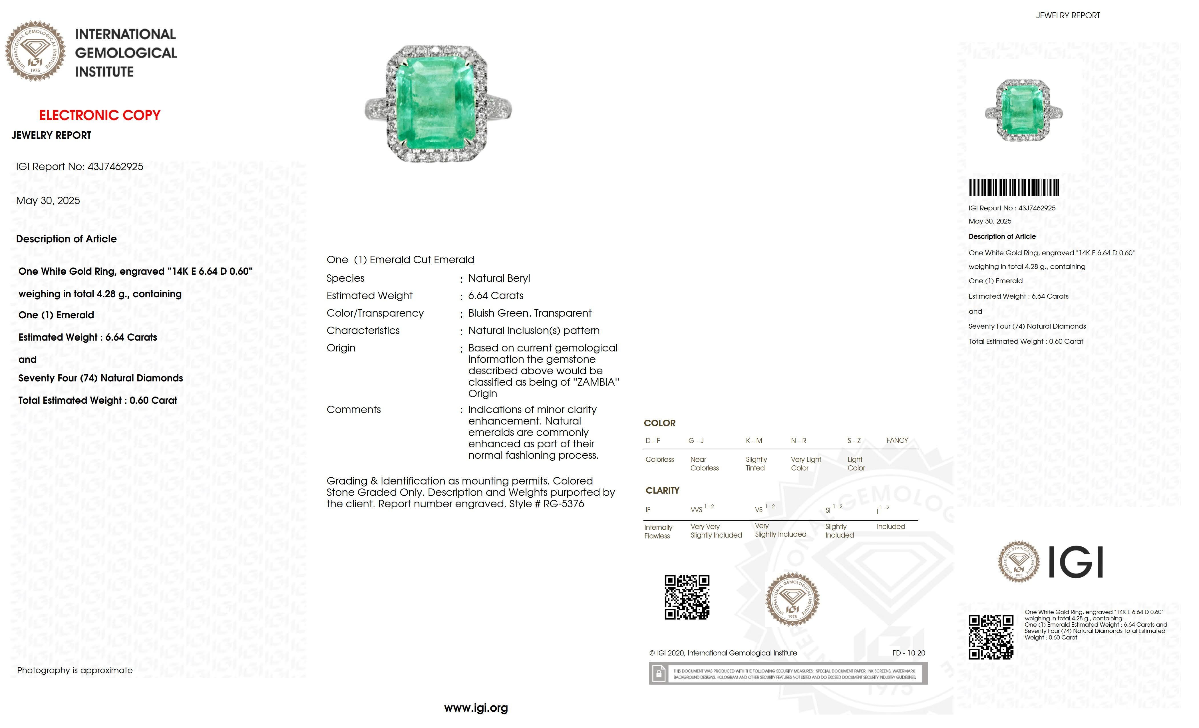 IGI 14K 6.64 Ct Sambia Smaragd&Diamanten Antiker Verlobungsring im Angebot 2