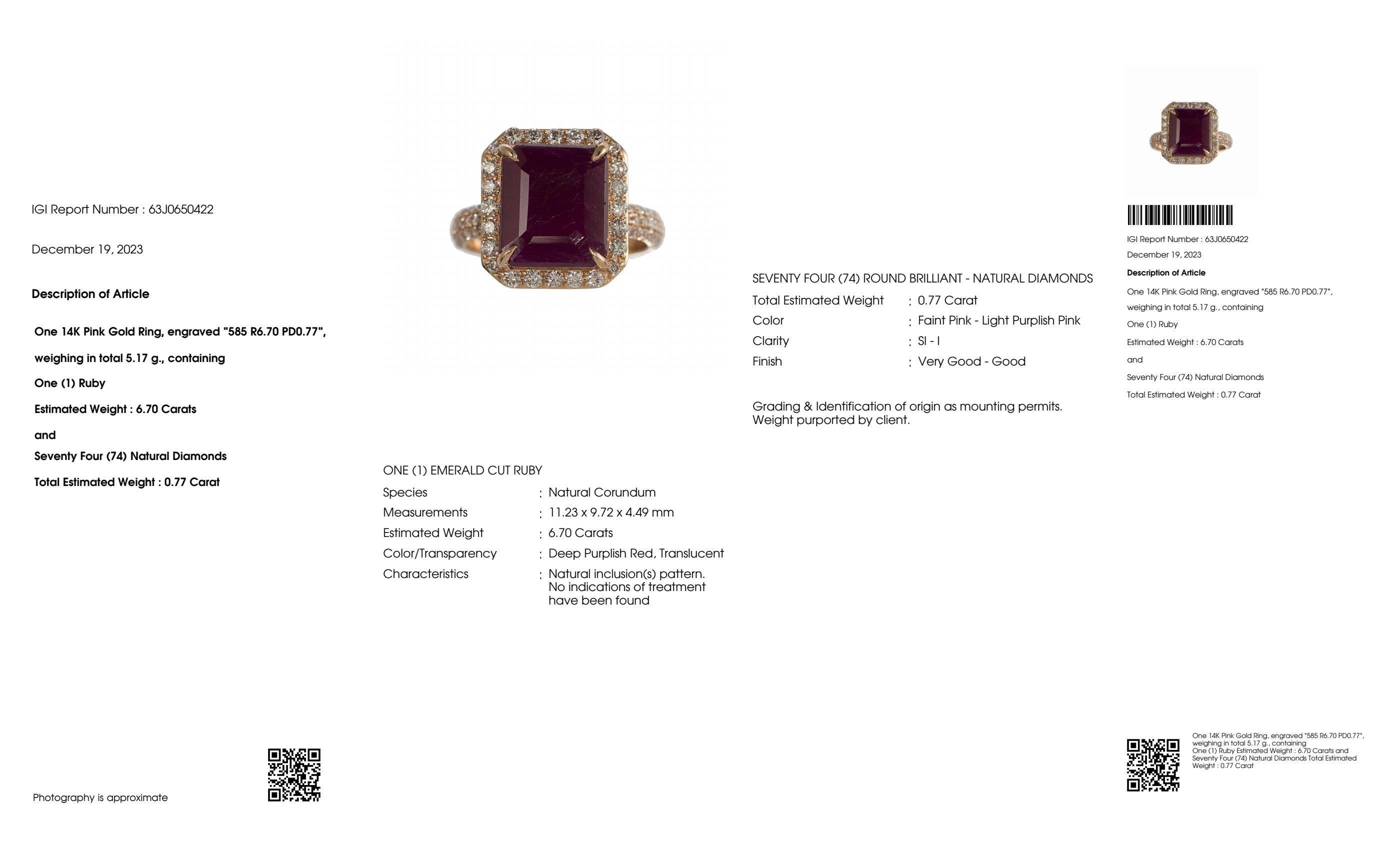 Contemporary IGI 14K 6.70 ct Natural Unheated Red Ruby&Pink Diamonds Engagement Ring For Sale