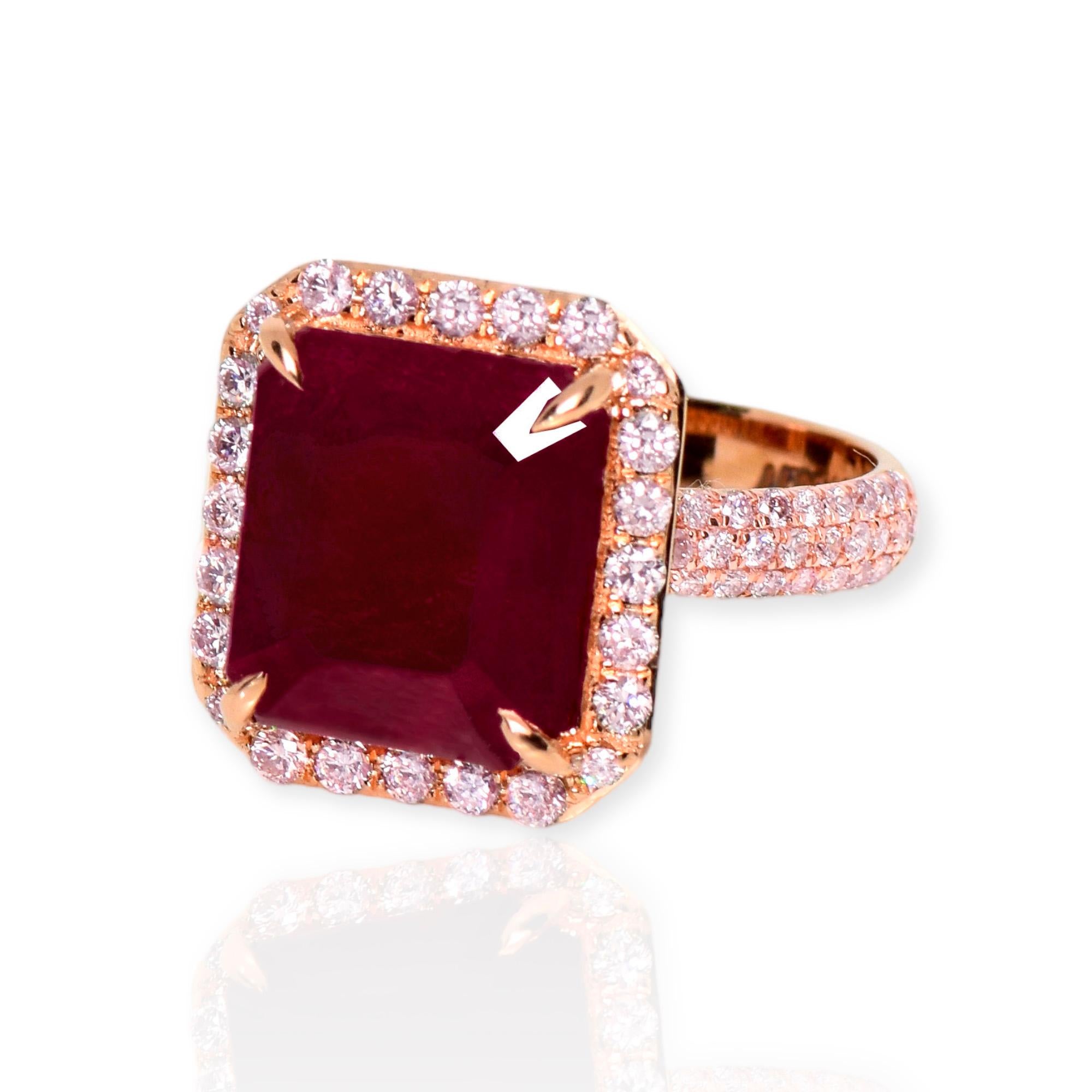 Emerald Cut IGI 14K 6.70 ct Natural Unheated Red Ruby&Pink Diamonds Engagement Ring For Sale