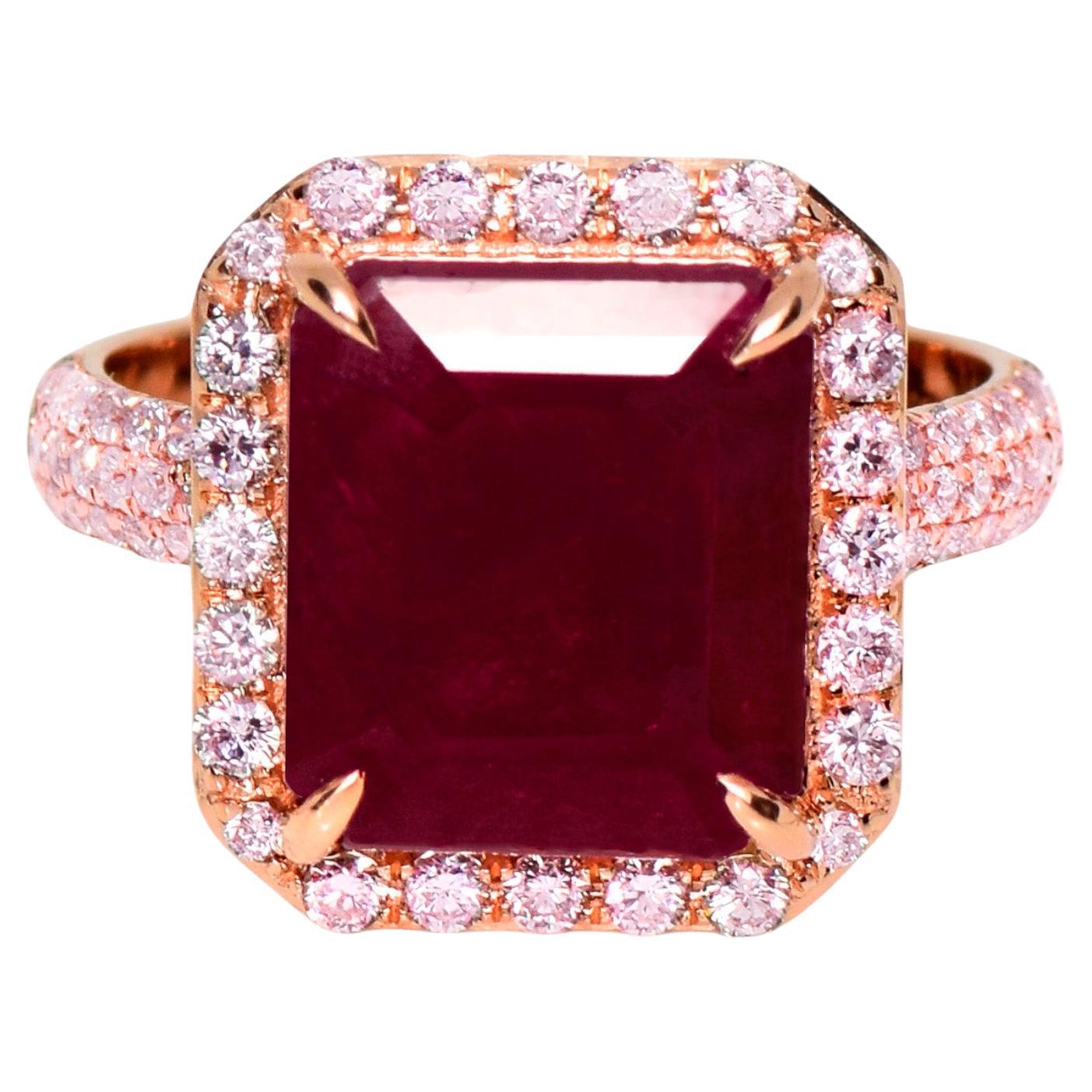 IGI 14K 6.70 ct Natural Unheated Red Ruby&Pink Diamonds Engagement Ring For Sale