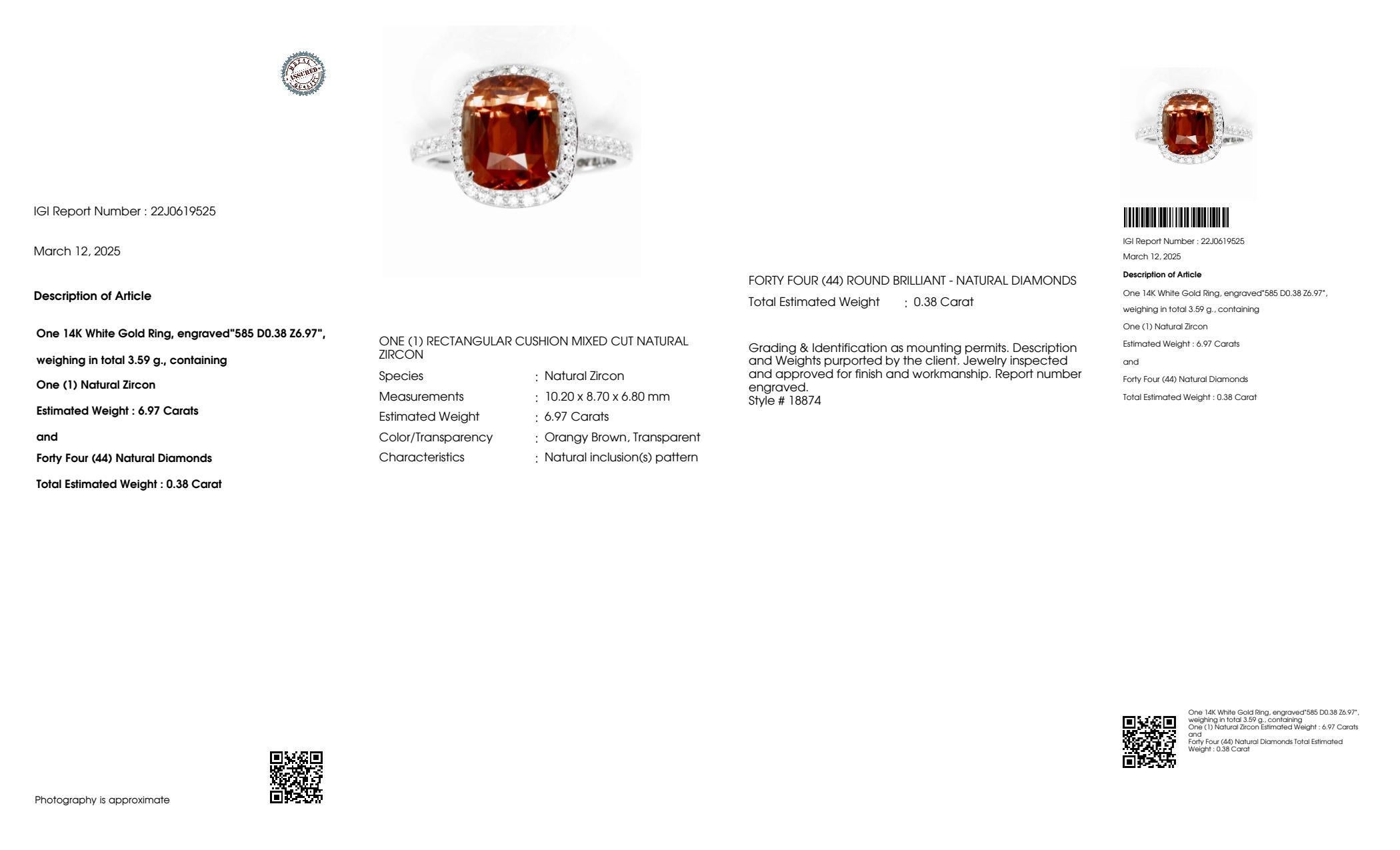 IGI 14K 6.97 Ct Natürlicher Orange Brauner Zirkon Antiker Art Deco Verlobungsring im Angebot 2