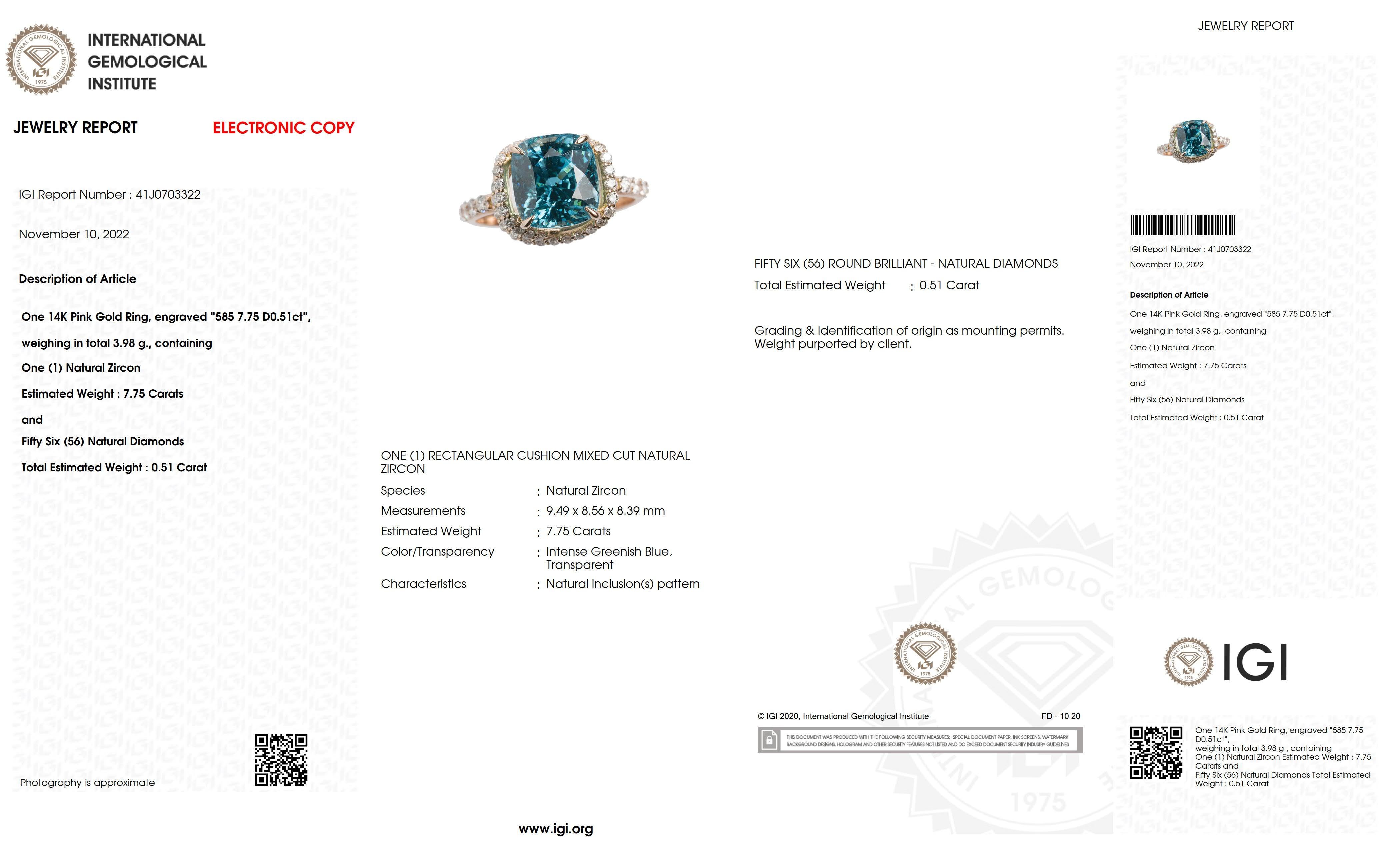 Contemporary IGI 14k 7.75 Ct Natural Blue Zircon Antique Art Deco Style Engagement Ring For Sale