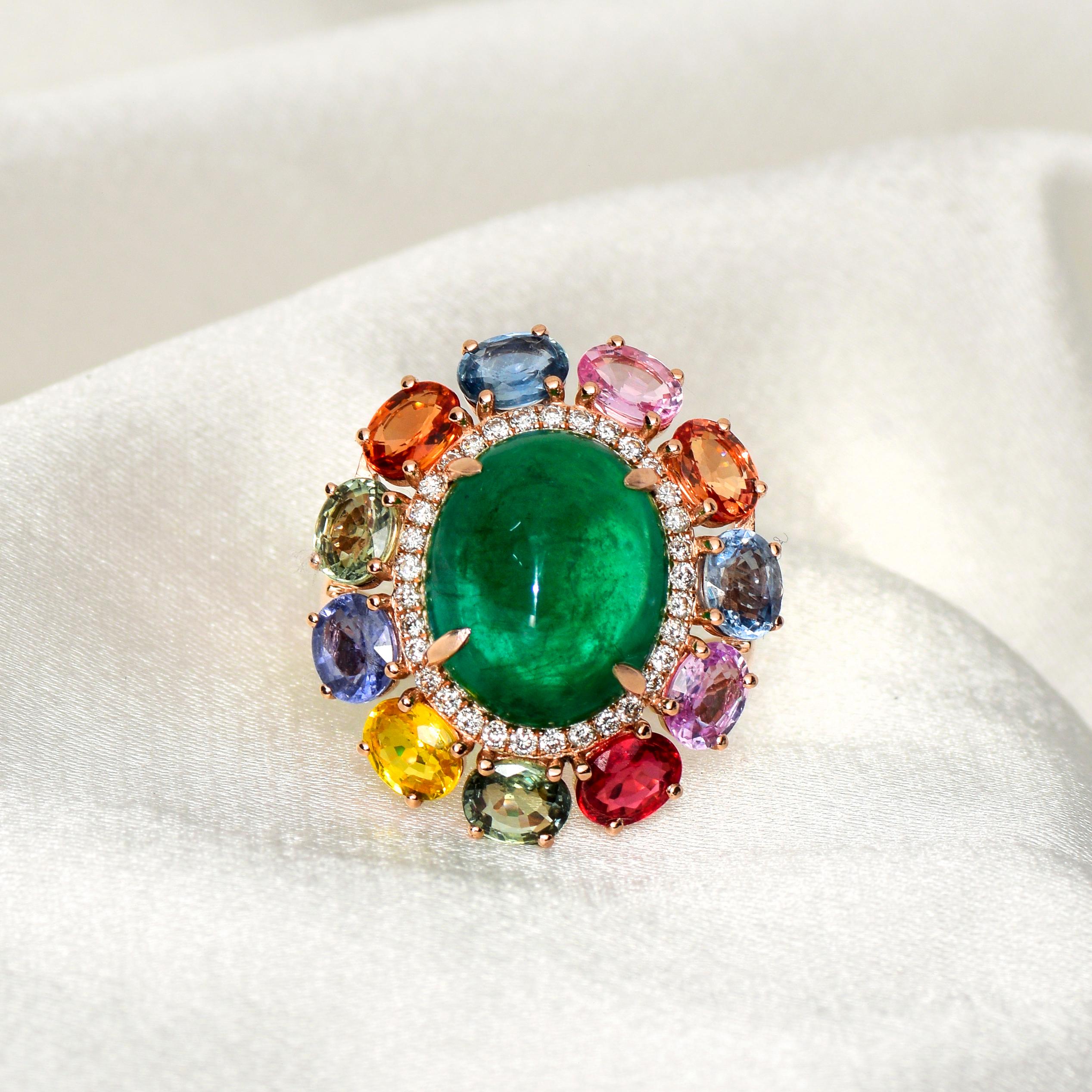 ** One 14K 7.93 Ct Emerald&Sapphires⋄ Antique Art Deco Style Engagement Ring **
An IGI-Certified natural oval cabochon Emerald with beautiful green color weighing 7.93 ct sets on the double halos 14K pink gold band with inner natural FG VS diamonds
