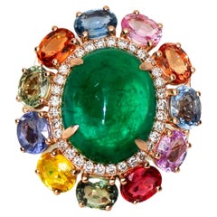 *Sale*IGI 14k 7.93ct Emerald &Sapphires&Diamond Antique Art Deco Engagement Ring