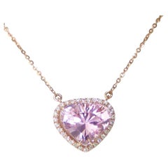 IGI 14K 8.06 Ct Kunzite & Diamond Antique Art Deco Style Pendant Necklace