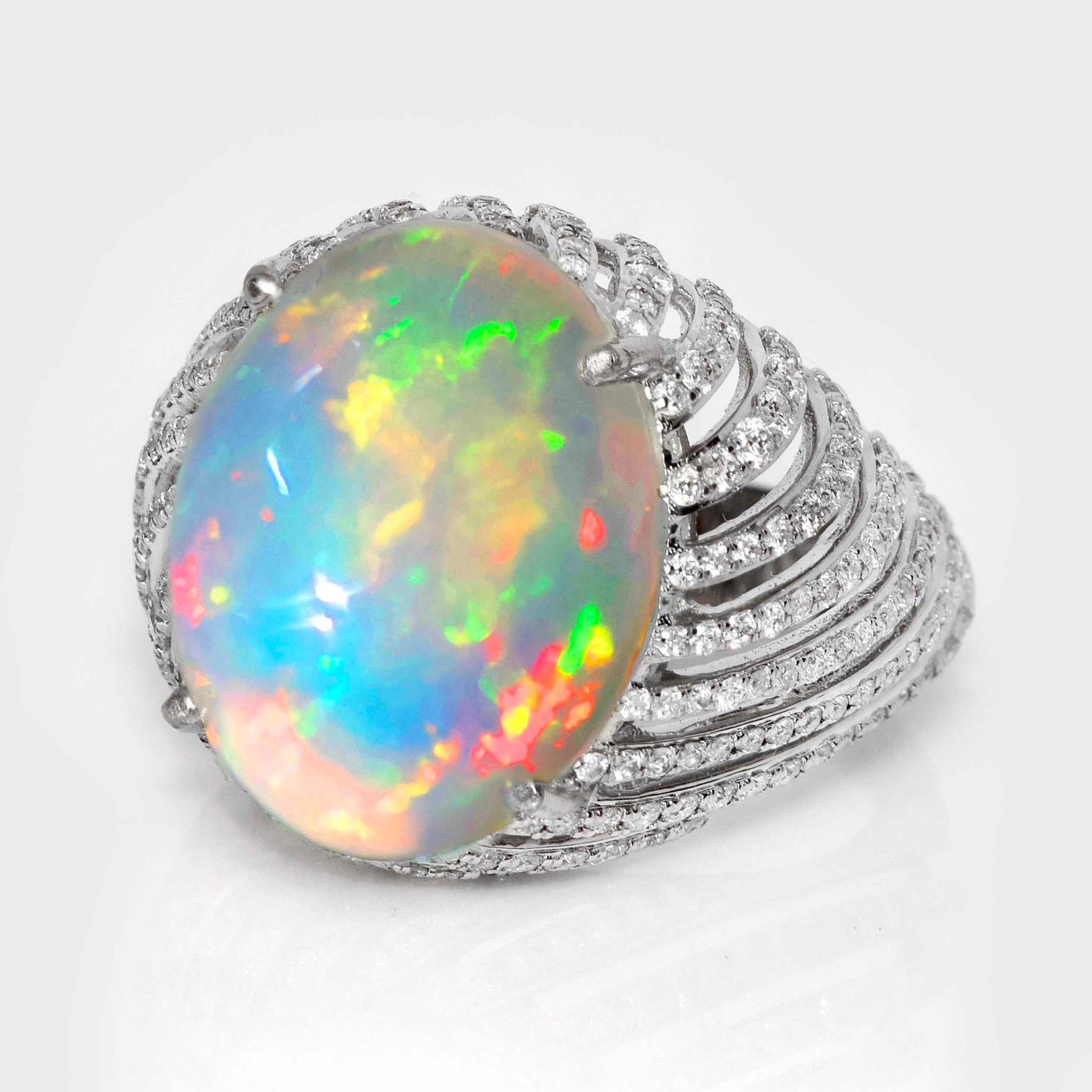 Art Deco IGI 14K 8.24 ct  Natural Color Play Opal Diamonds Antique Engagement Ring For Sale