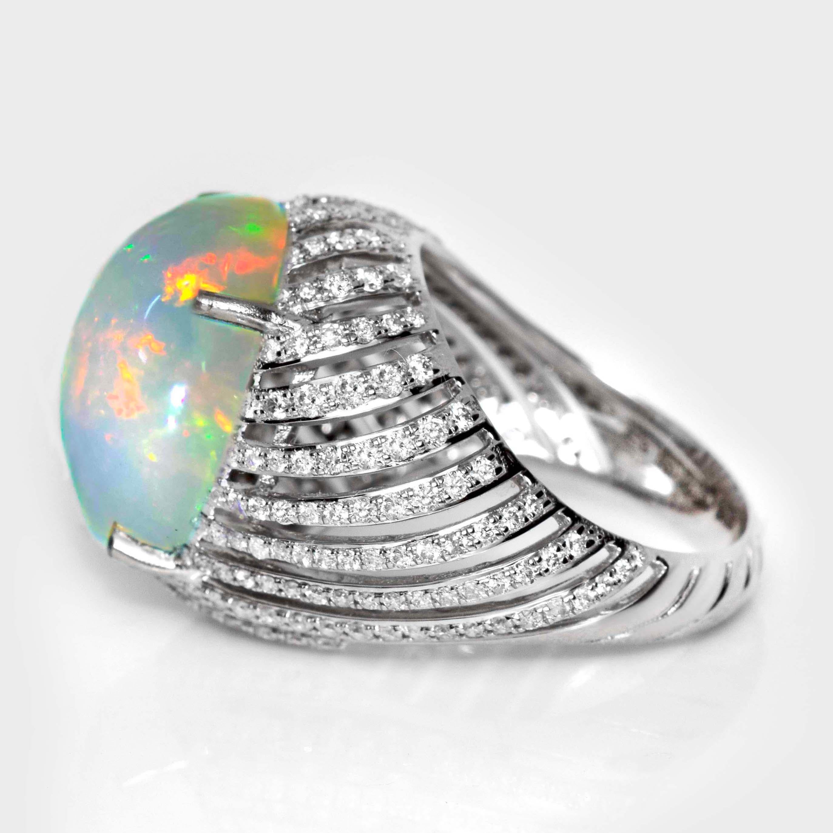 Cabochon IGI 14K 8.24 ct  Natural Color Play Opal Diamonds Antique Engagement Ring For Sale