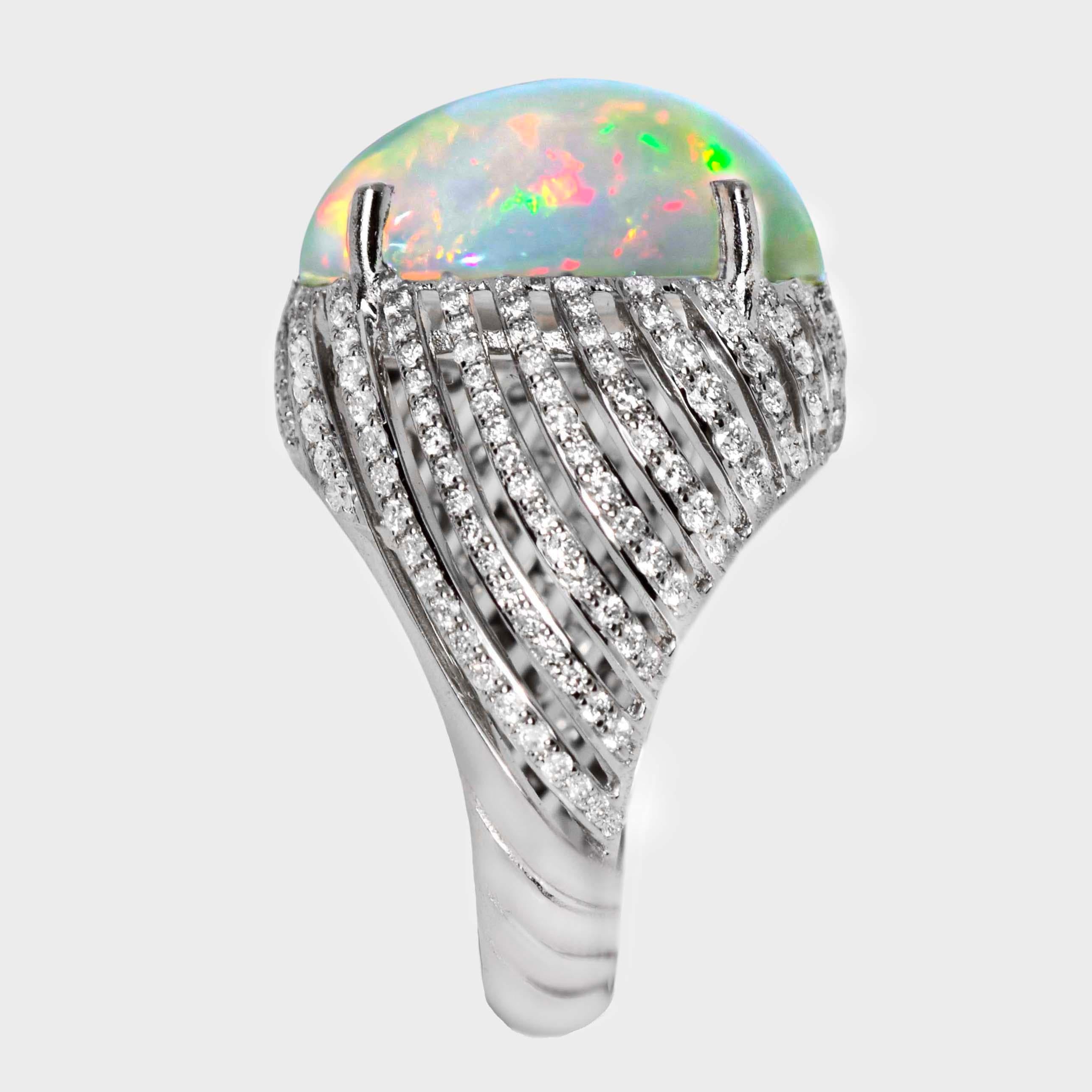 Women's IGI 14K 8.24 ct  Natural Color Play Opal Diamonds Antique Engagement Ring For Sale