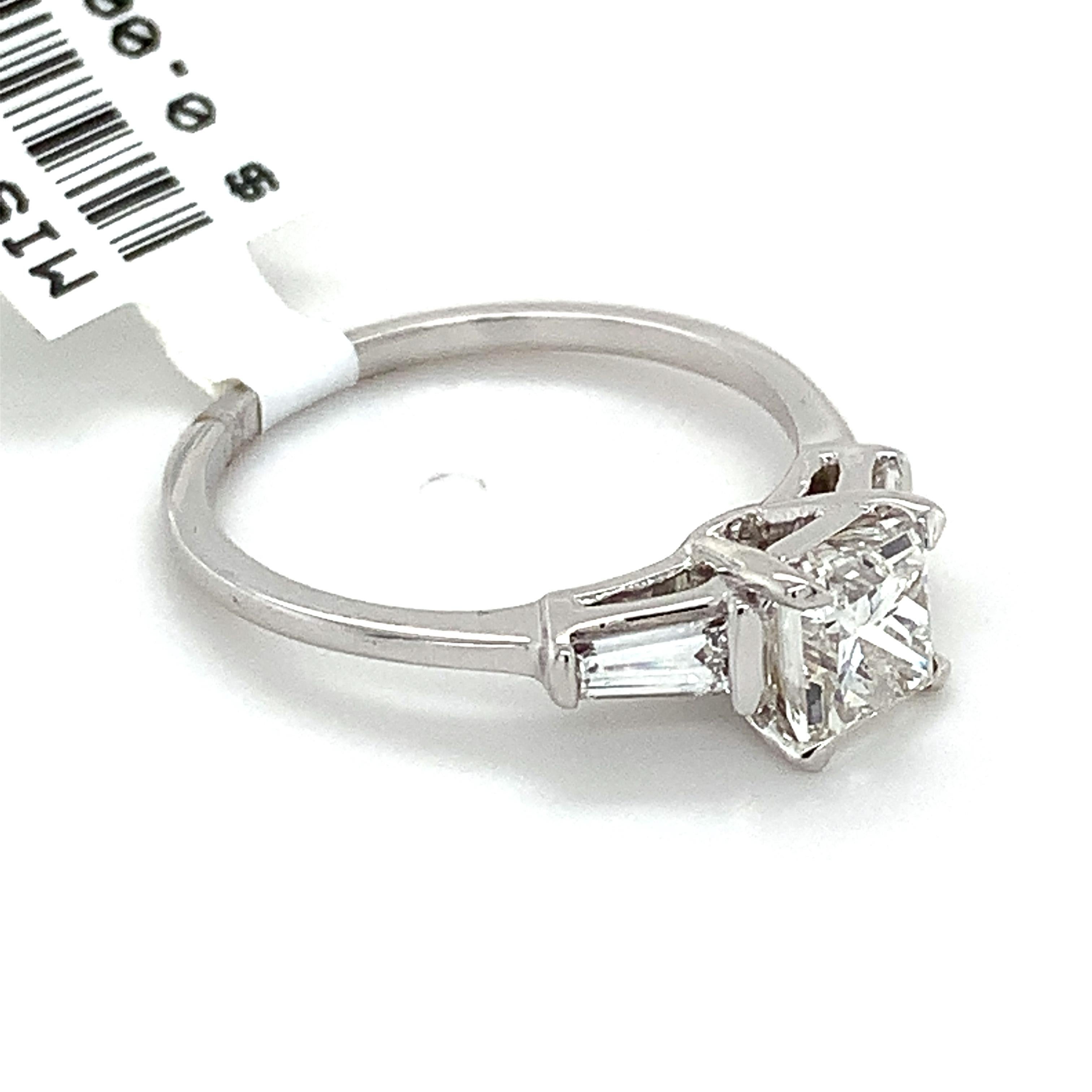 Princess Cut IGI 14k White Gold 1.01 Carat Princess Diamond W/ Tapered Baguette 3 Stone Ring