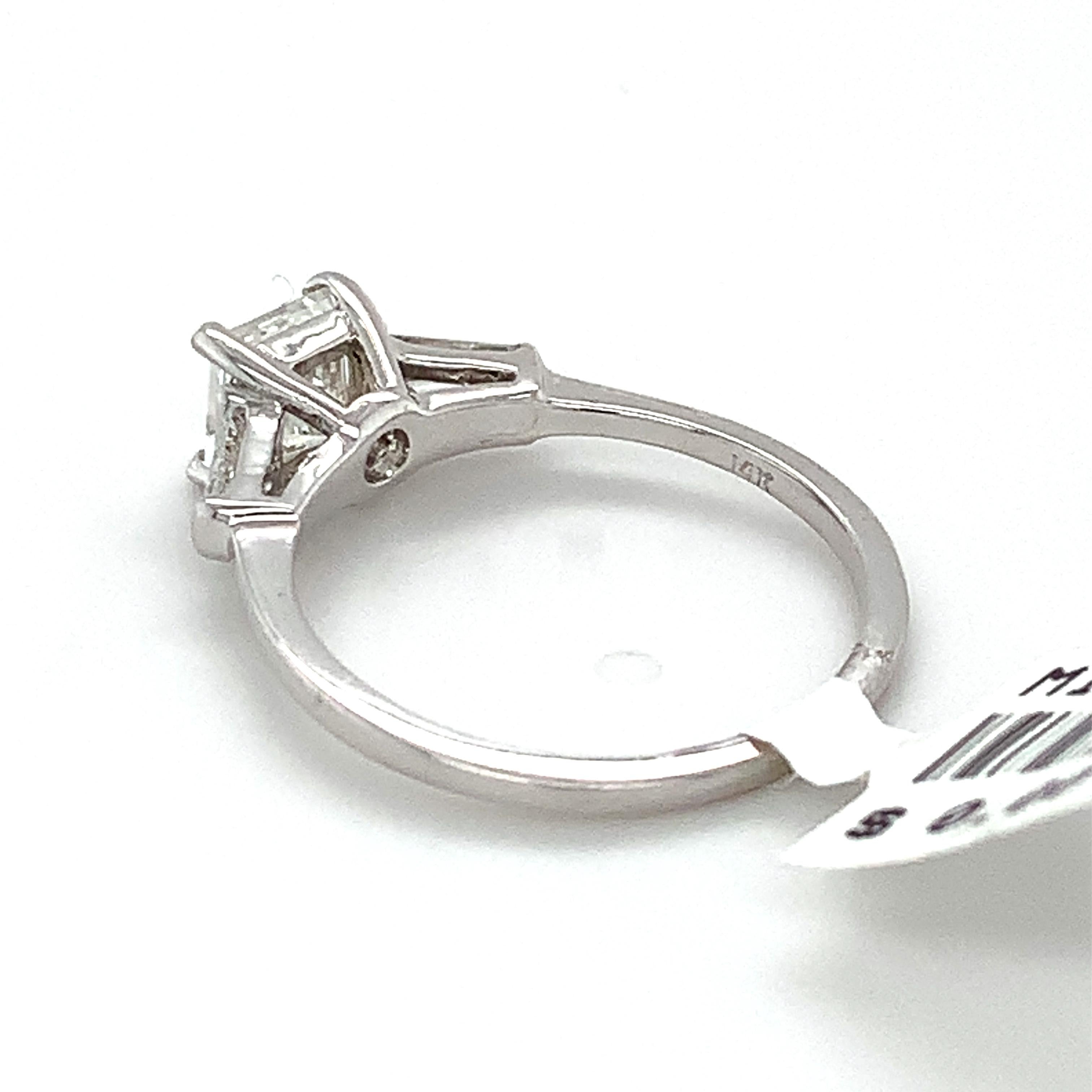 IGI 14k White Gold 1.01 Carat Princess Diamond W/ Tapered Baguette 3 Stone Ring 2