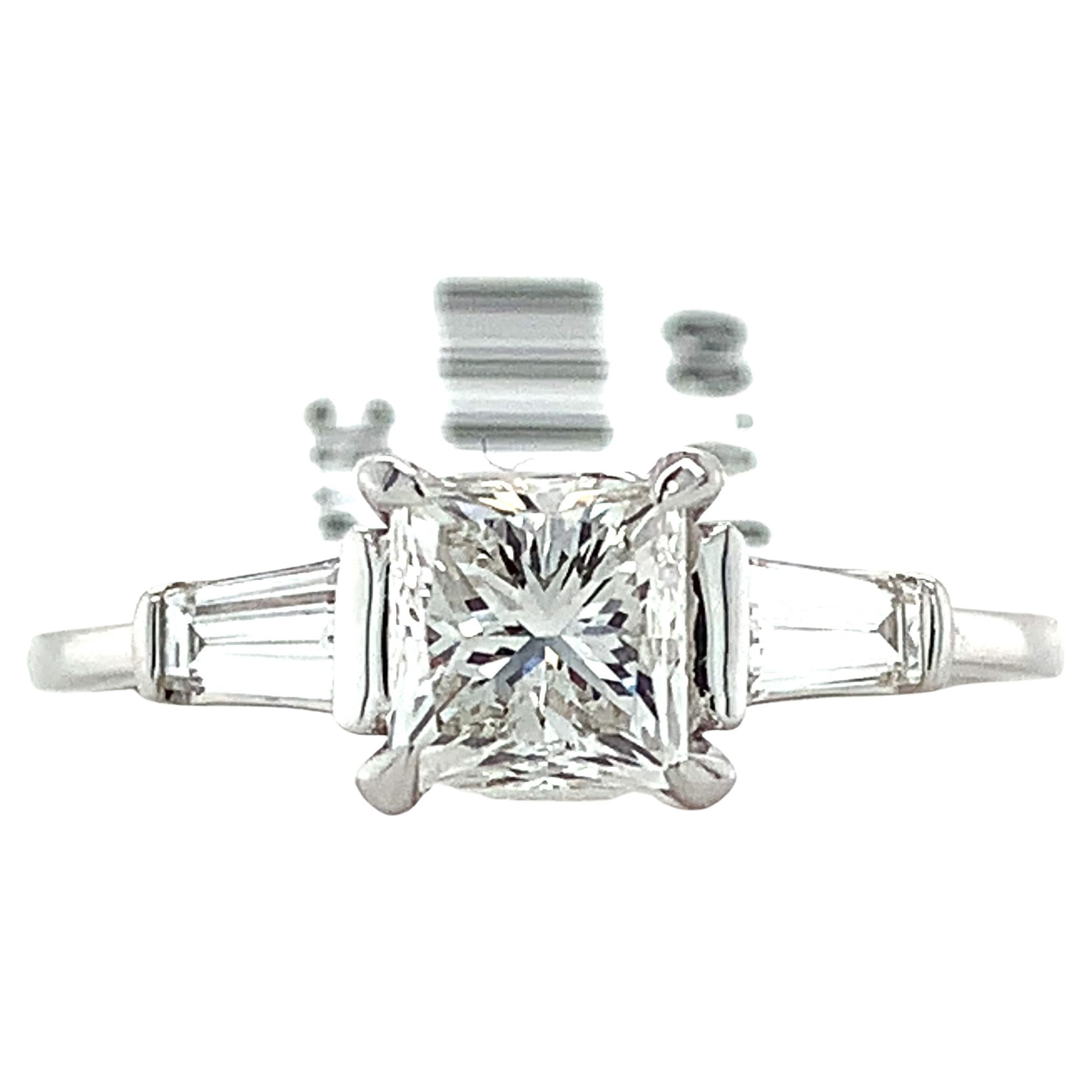 IGI 14k White Gold 1.01 Carat Princess Diamond W/ Tapered Baguette 3 Stone Ring