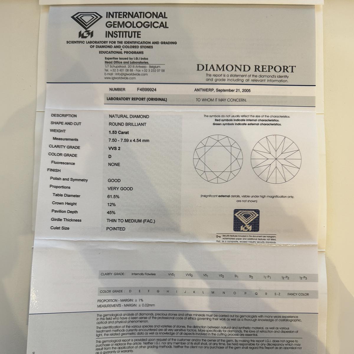 IGI 1,53 ct D VVS2 NO FLUO Anello Solitario in Oro Bianco 18 Ct Certificato in vendita 2