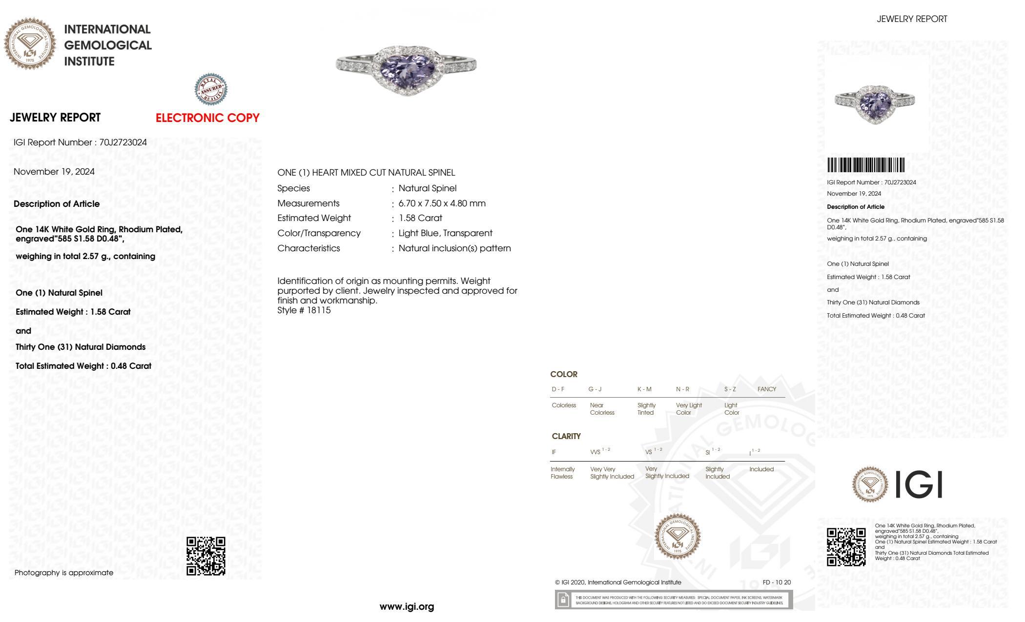 IGI 1.58 Ct 14K White Gold Blue Spinel&Diamonds Engagement Ring For Sale 2