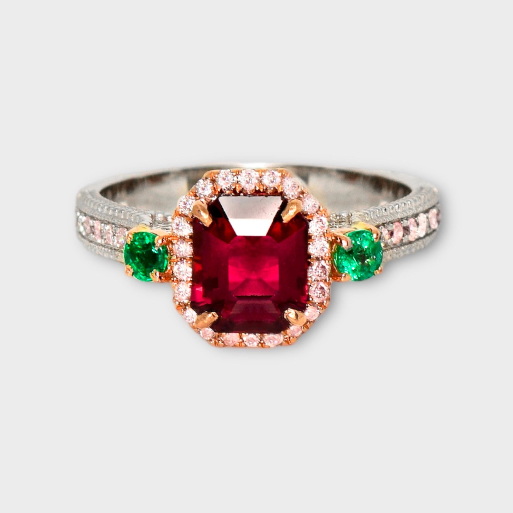 *IGI 14K 1.60 Ct Intense Red Spinel&Pink Diamonds Antique Engagement Ring*

IGI-certified natural untreated intense purplish-red spinel weighing 1.60 ct set on 14K white gold pave' design band with natural pink diamonds weighing 0.28 ct, and paired