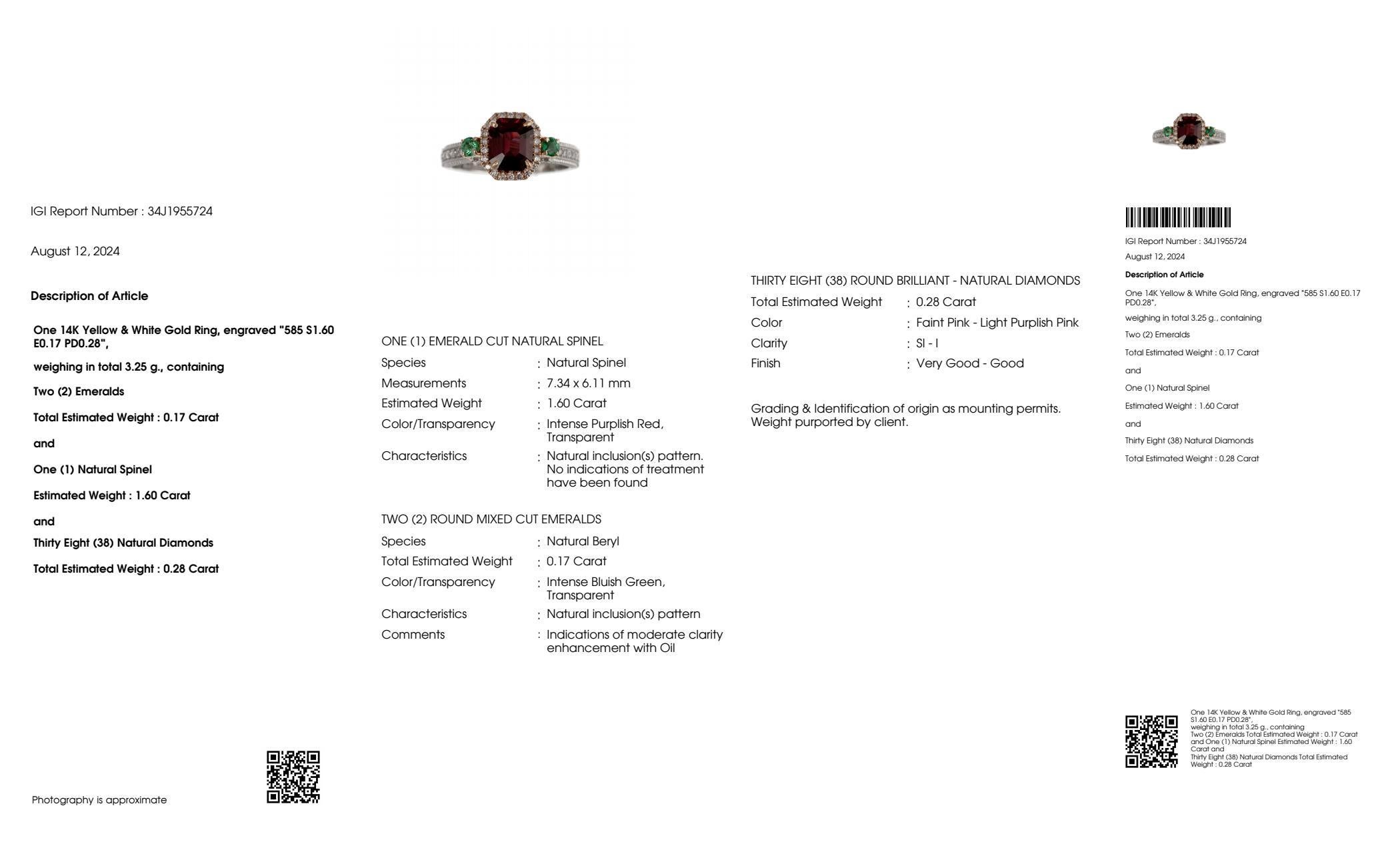 Contemporary IGI 1.60 Ct 14K White Gold Intense Red Spinel&Pink Diamonds Engagement Ring For Sale