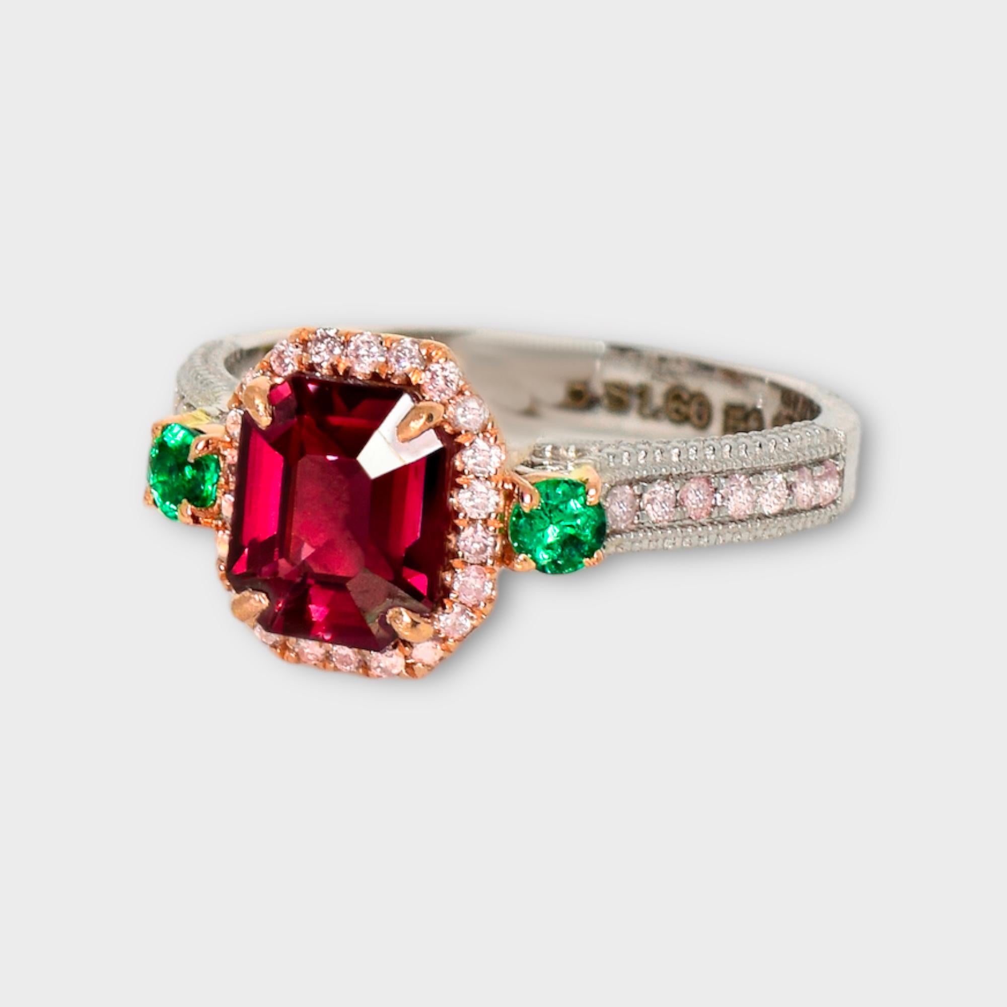 Emerald Cut IGI 1.60 Ct 14K White Gold Intense Red Spinel&Pink Diamonds Engagement Ring For Sale
