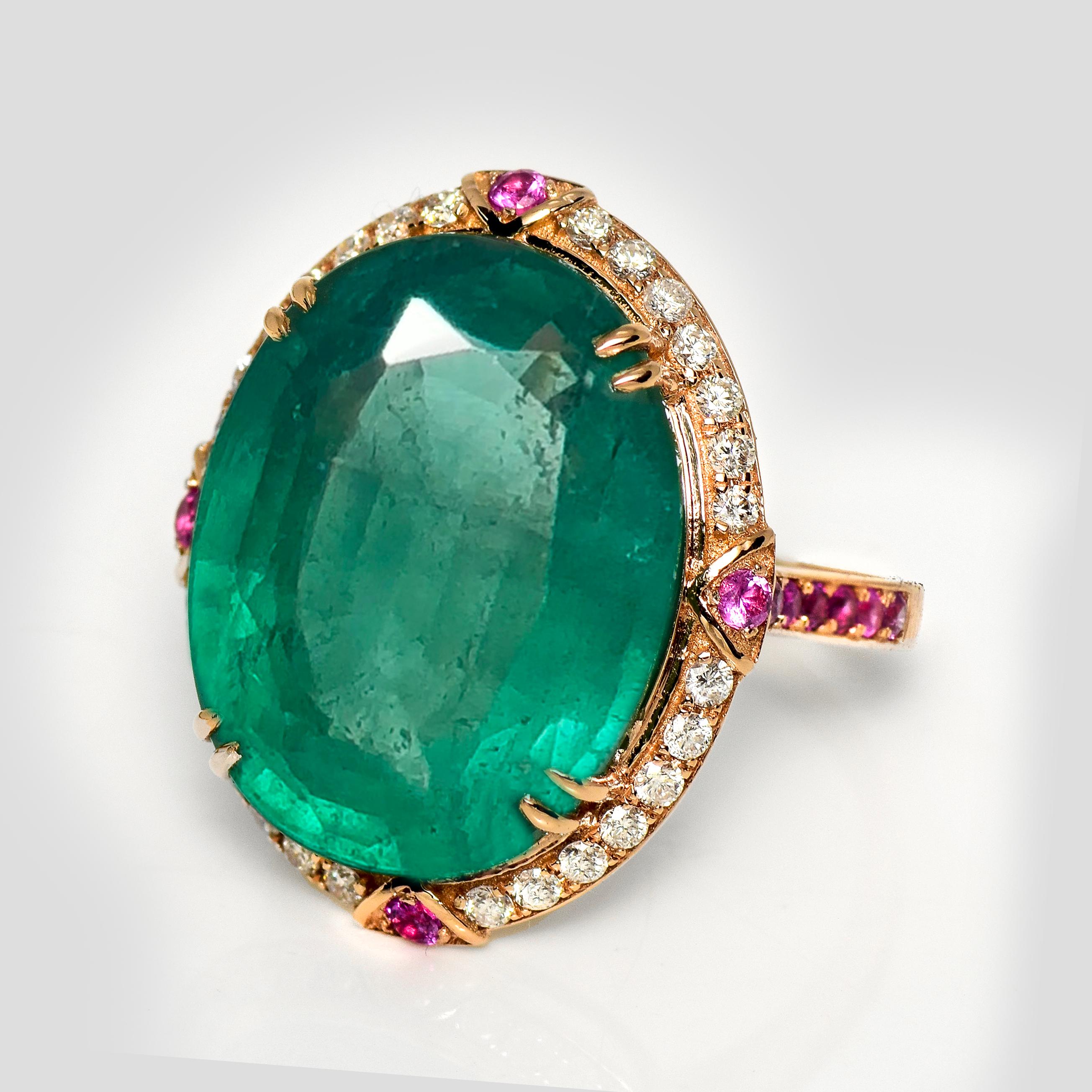 IGI 16.49 Ct 18K Rose Gold Vivid Green Emerald Diamond Cocktail Ring (Zeitgenössisch) im Angebot