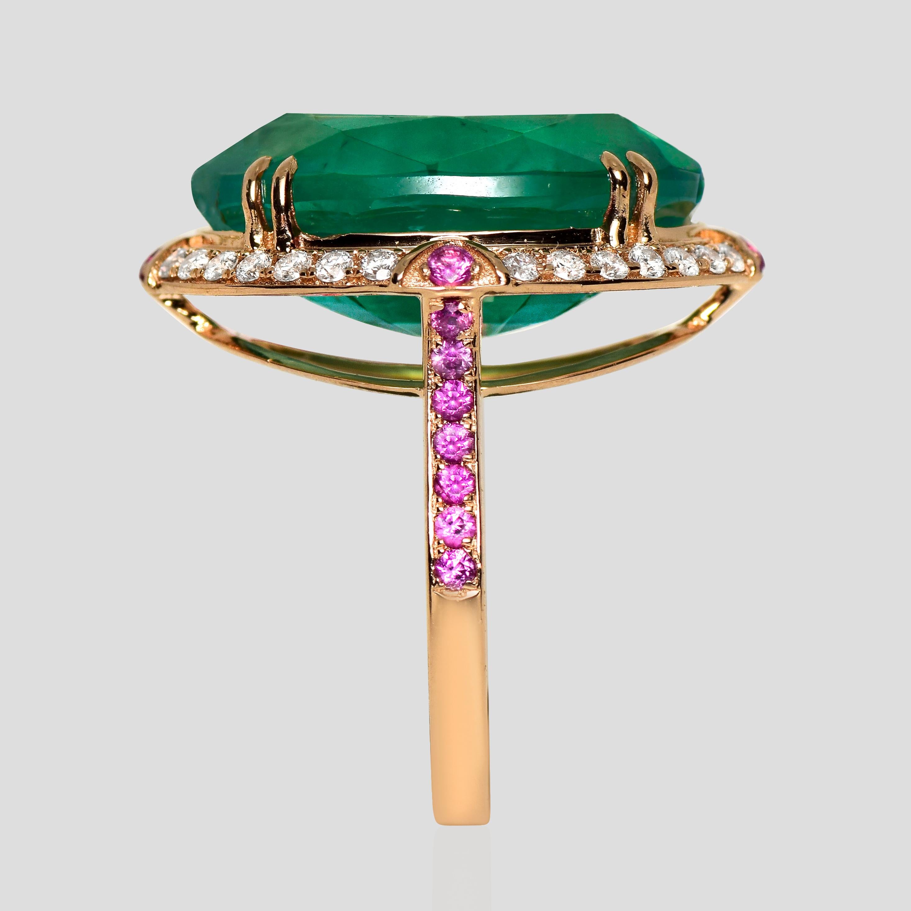 IGI 16.49 Ct 18K Rose Gold Vivid Green Emerald Diamond Cocktail Ring für Damen oder Herren im Angebot