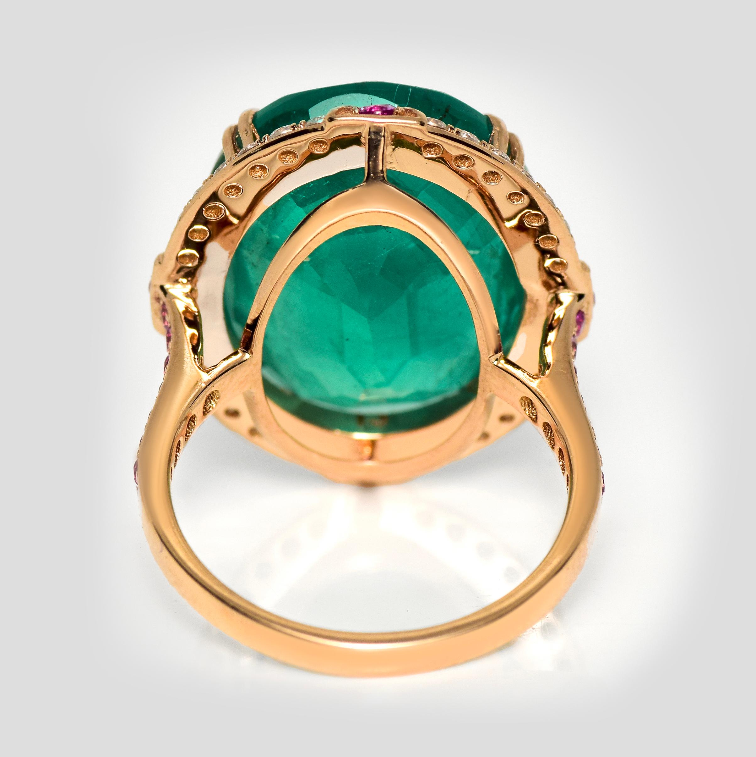 IGI 16.49 Ct 18K Rose Gold Vivid Green Emerald Diamond Cocktail Ring im Angebot 1