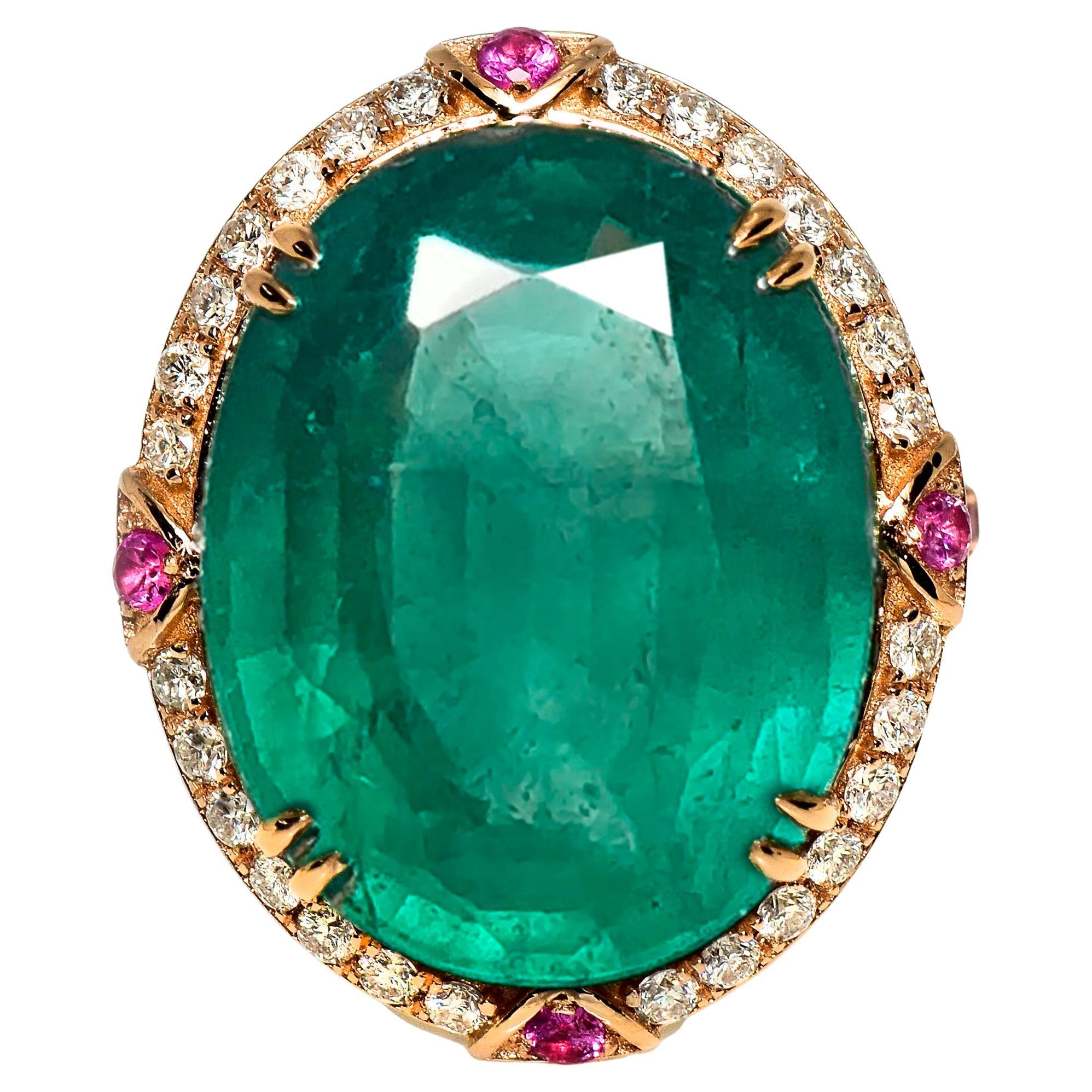 IGI 16.49 Ct 18K Rose Gold Vivid Green Emerald Diamond Cocktail Ring