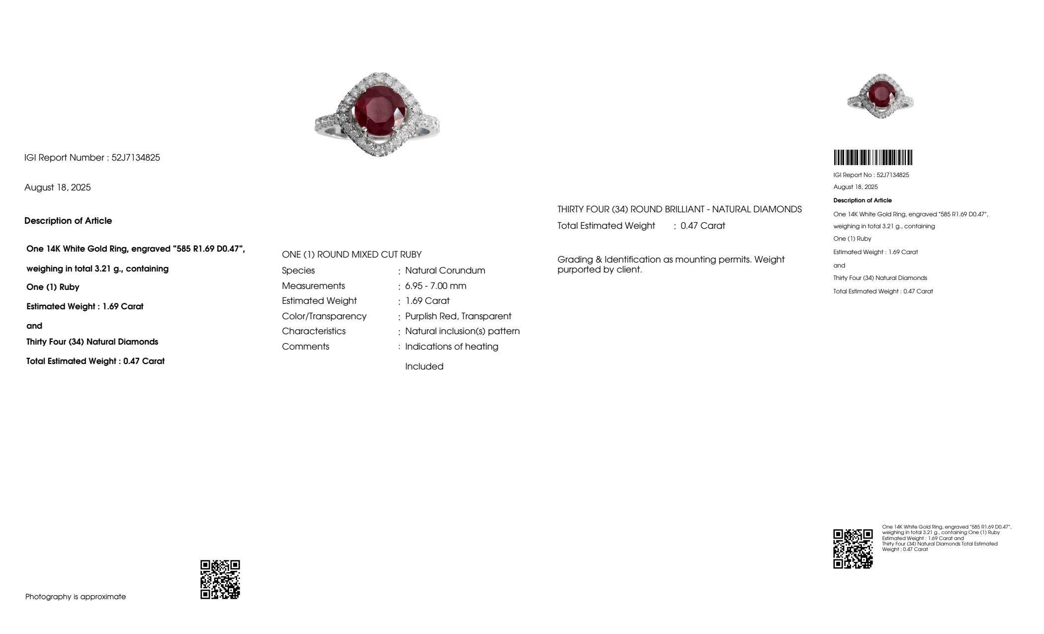 Anello di fidanzamento con rubino a forma rotonda in oro bianco 14K IGI 1,69 ct in vendita 2