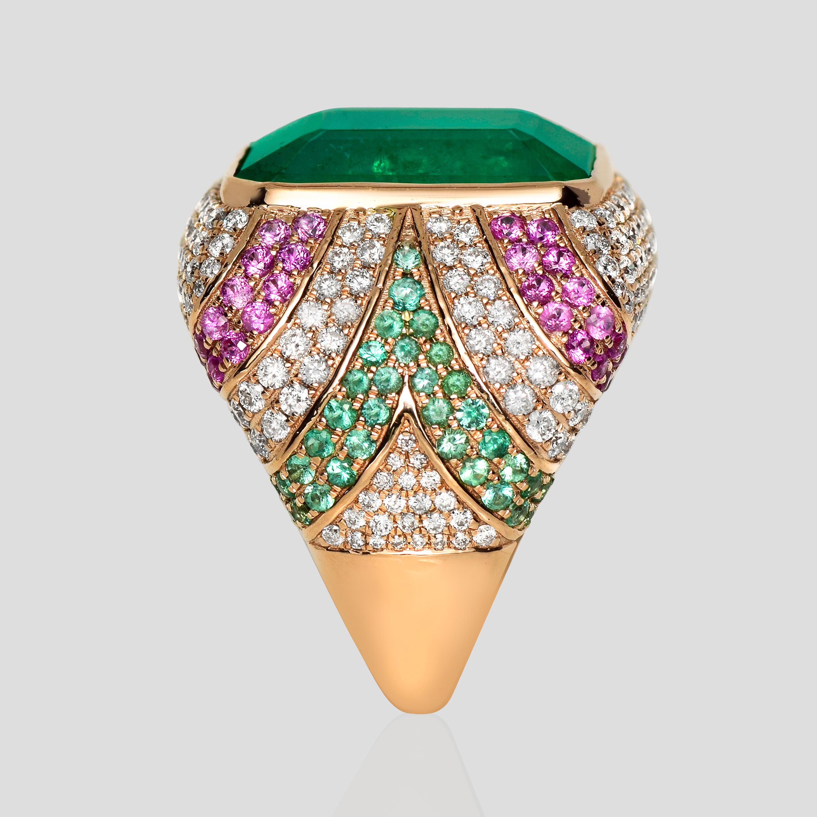 IGI 17.70 Ct 18K Rose Gold Vivid Green Emerald Diamond Cocktail Ring für Damen oder Herren im Angebot