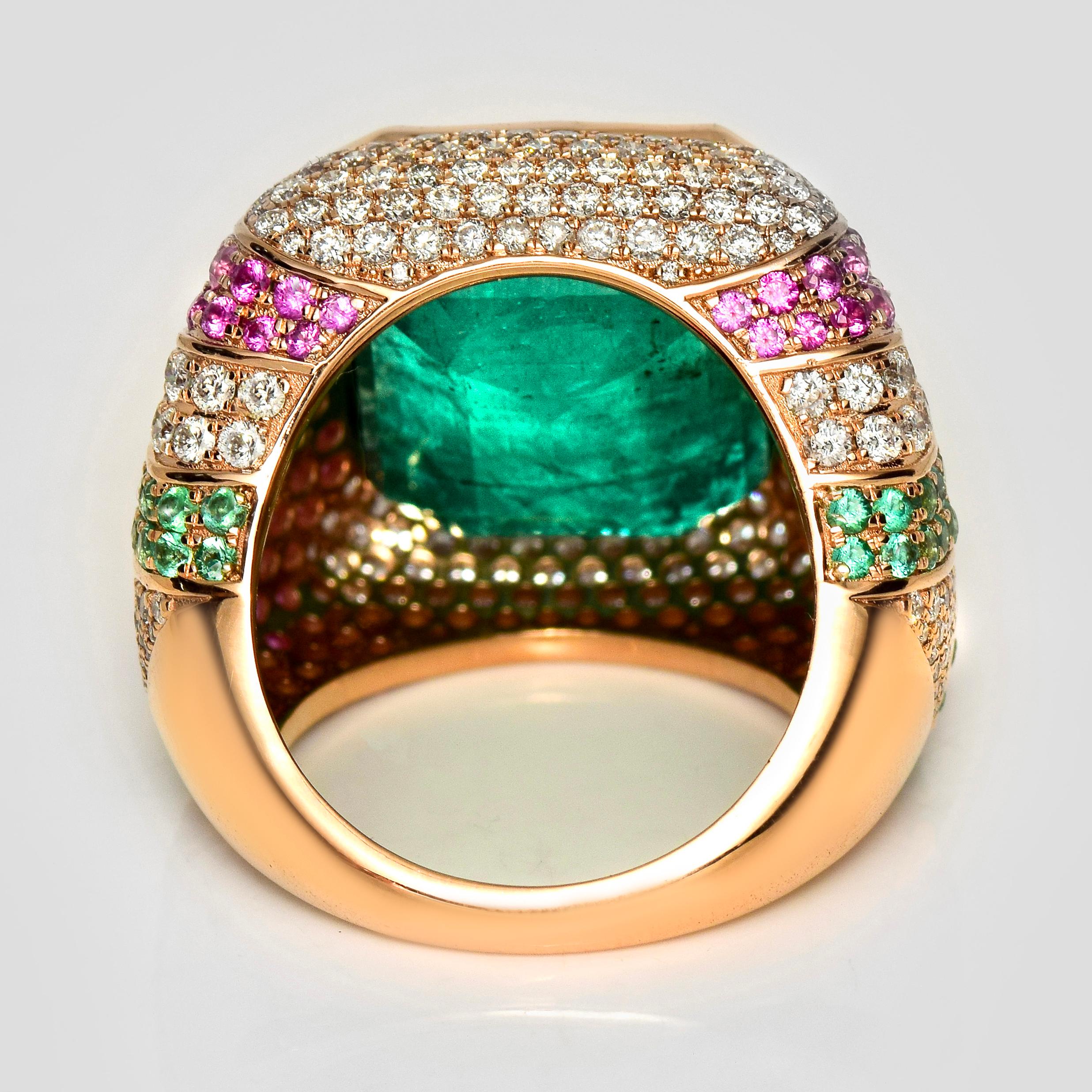 IGI 17.70 Ct 18K Rose Gold Vivid Green Emerald Diamond Cocktail Ring im Angebot 1