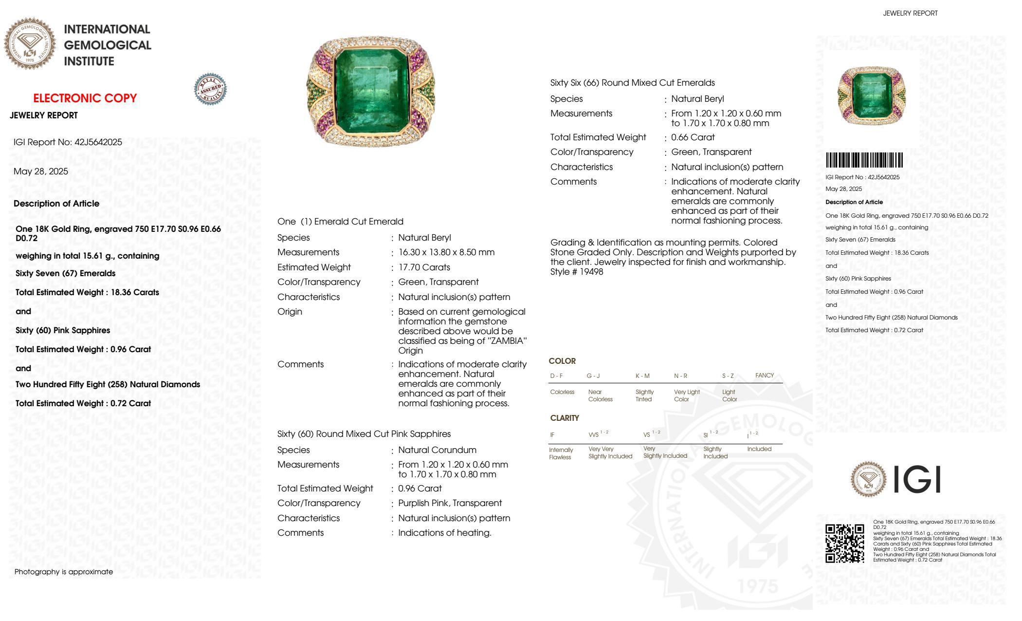IGI 17.70 Ct 18K Rose Gold Vivid Green Emerald Diamond Cocktail Ring im Angebot 2