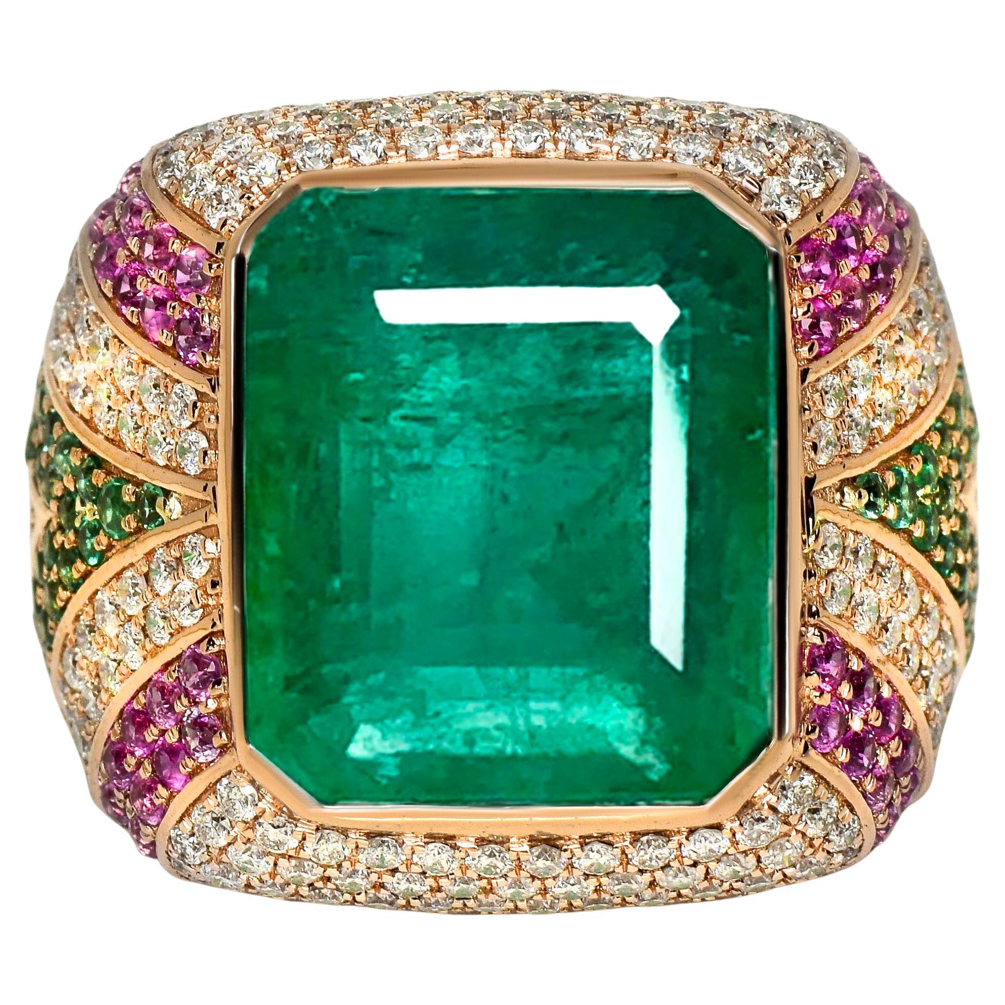 IGI 17.70 Ct 18K Rose Gold Vivid Green Emerald Diamond Cocktail Ring