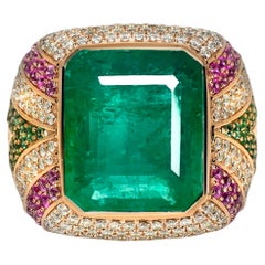 IGI 17.70 Ct 18K Rose Gold Vivid Green Emerald Diamond Cocktail Ring