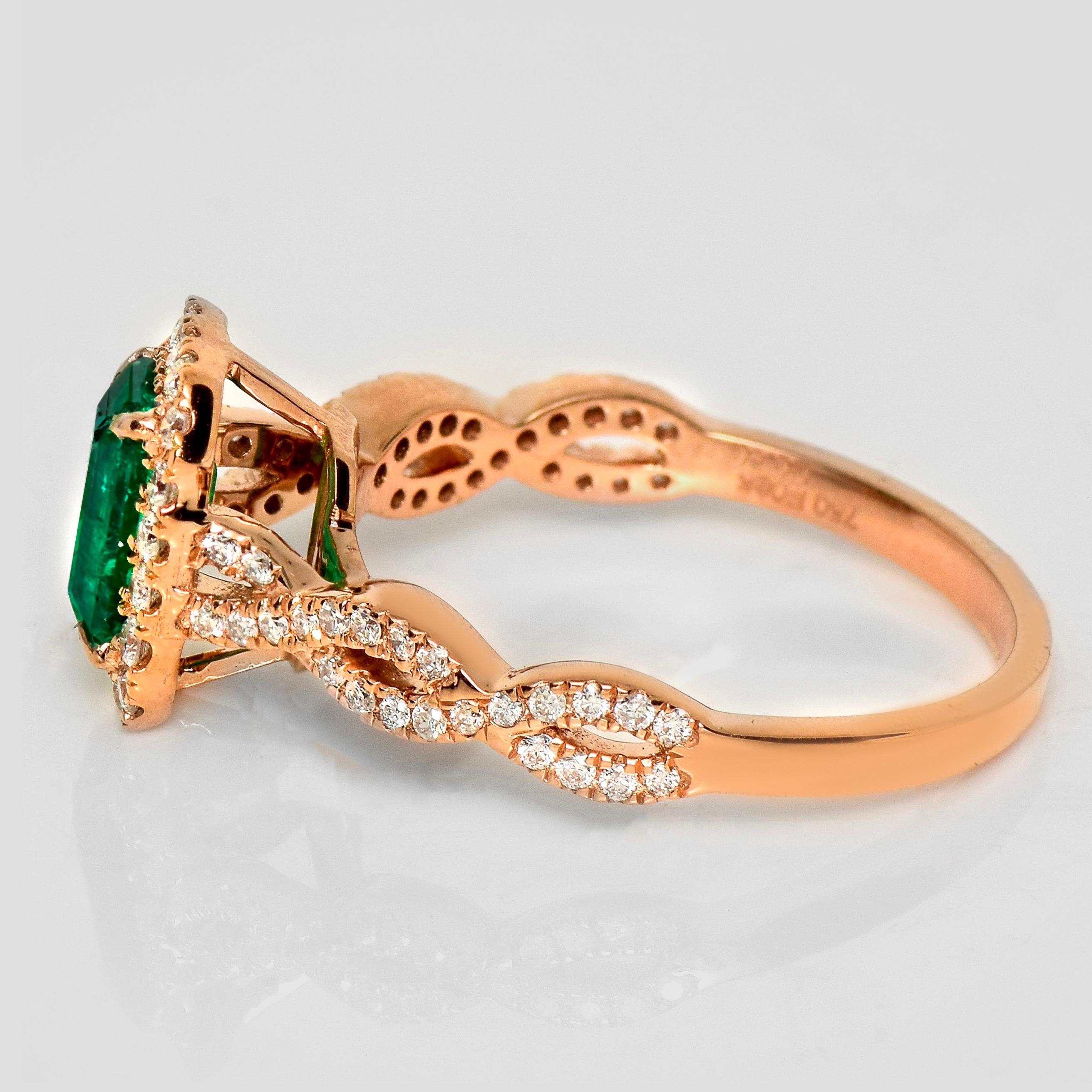 Taille émeraude IGI 18K 0.85 Ct Zambia Vivid Green Emerald&Diamonds Art Deco Engagement Ring en vente