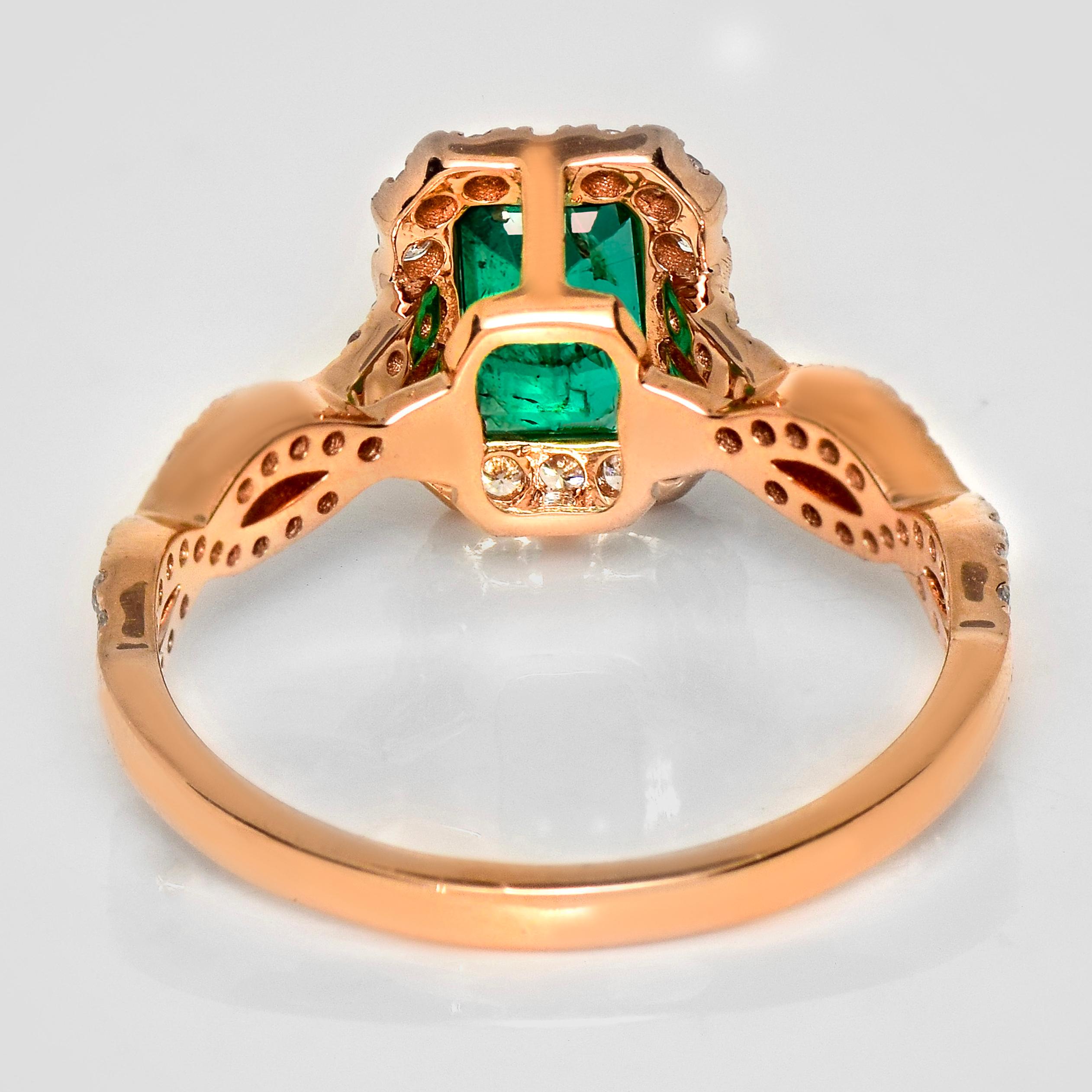IGI 18K 0.85 Ct Zambia Vivid Green Emerald&Diamonds Art Deco Engagement Ring en vente 1