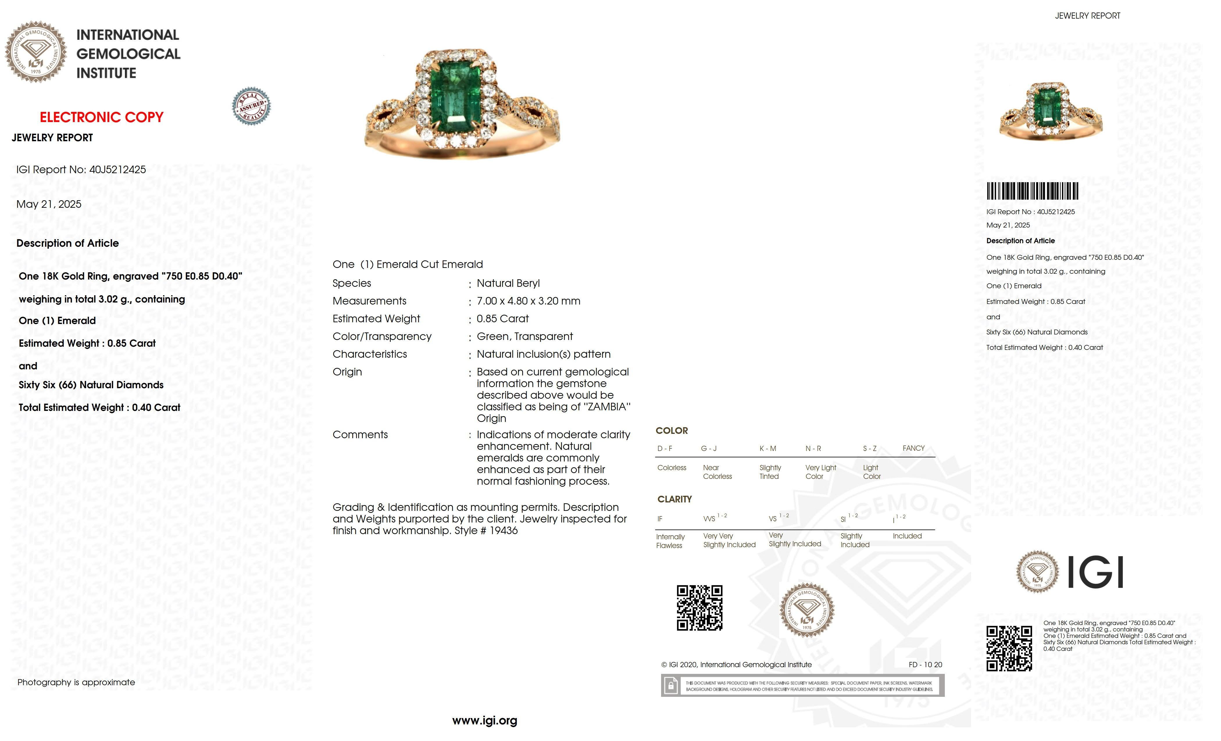 IGI 18K 0.85 Ct Zambia Vivid Green Emerald&Diamonds Art Deco Engagement Ring en vente 3