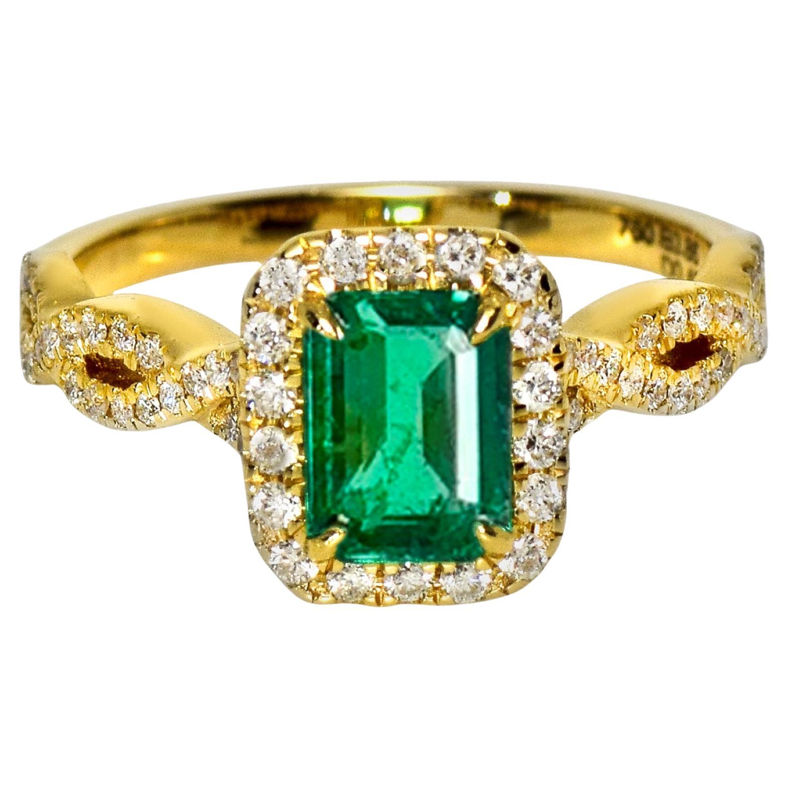 IGI 18K 0.85 Ct Zambia Vivid Green Emerald&Diamonds Art Deco Engagement Ring